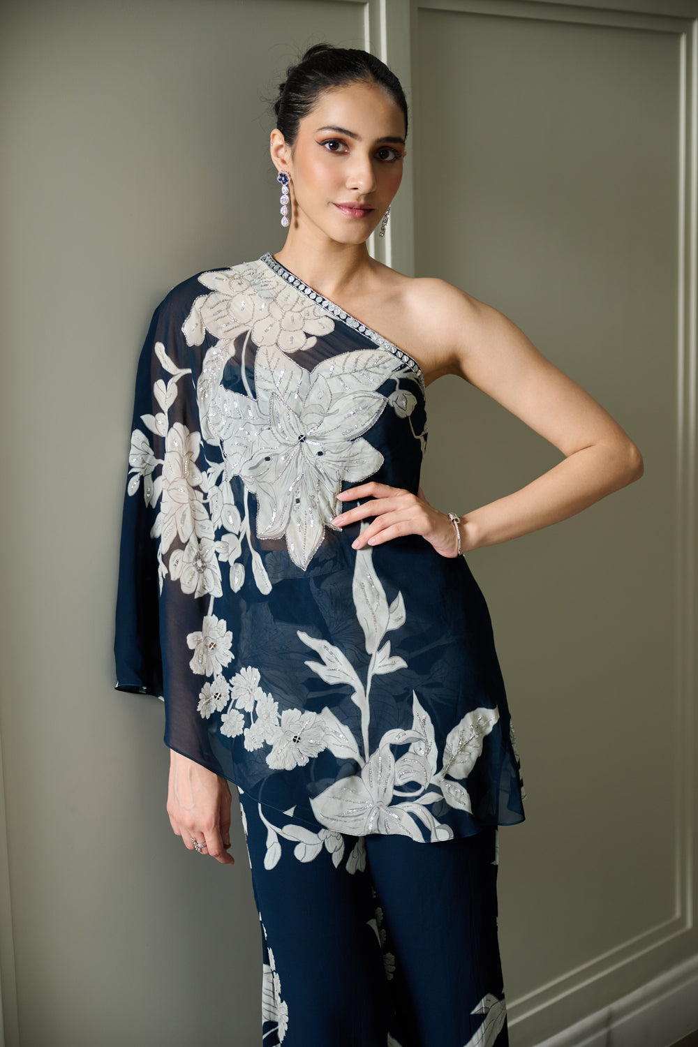 Blue Floral Print One Shoulder Top And Pants Set