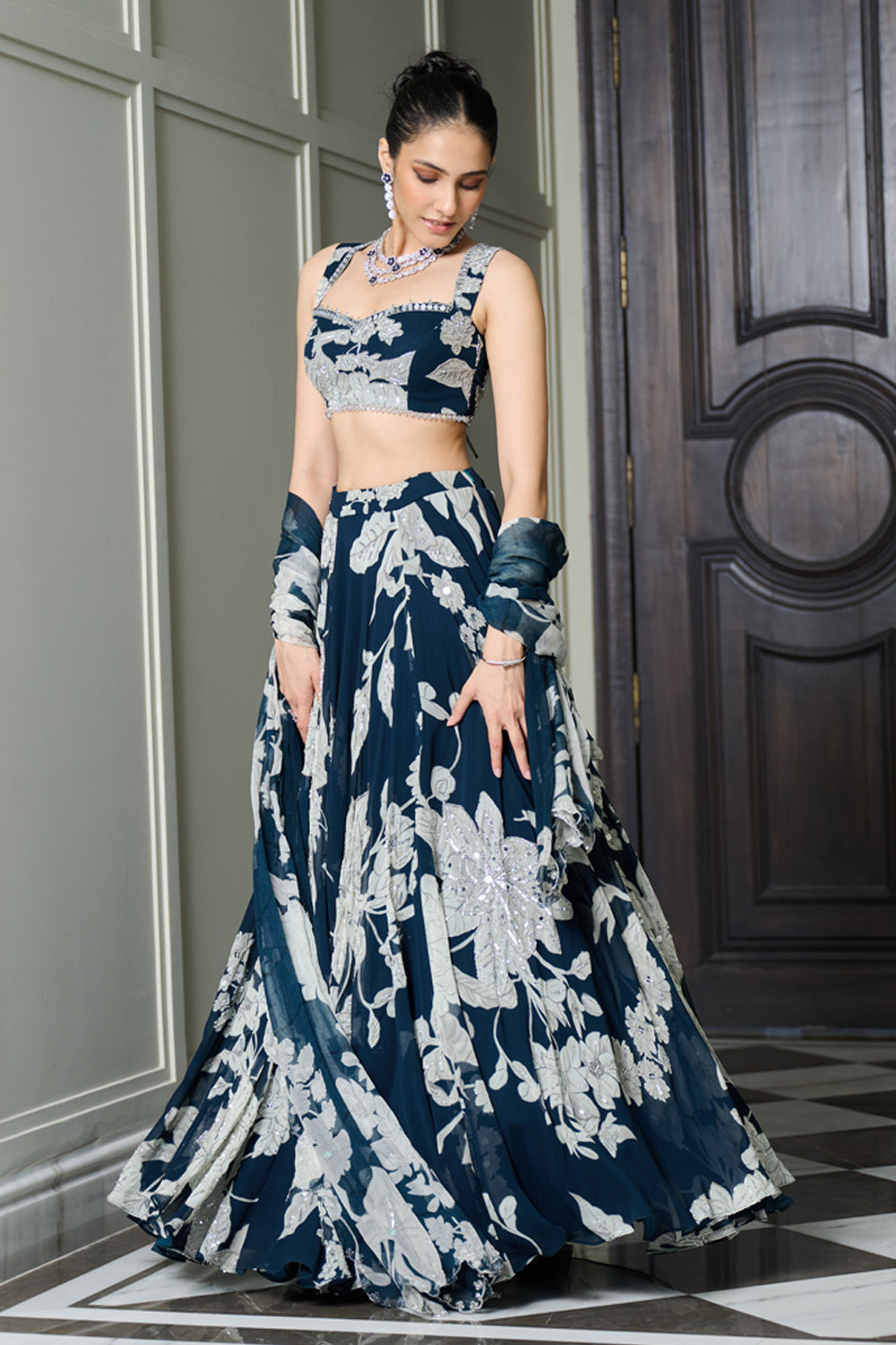 Blue Floral Print Lehenga Set