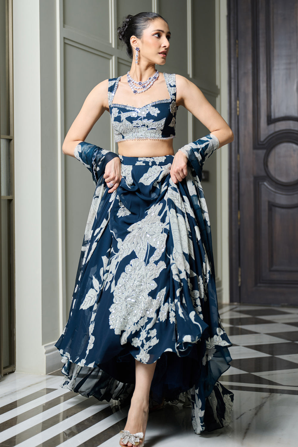 Blue Floral Print Lehenga Set