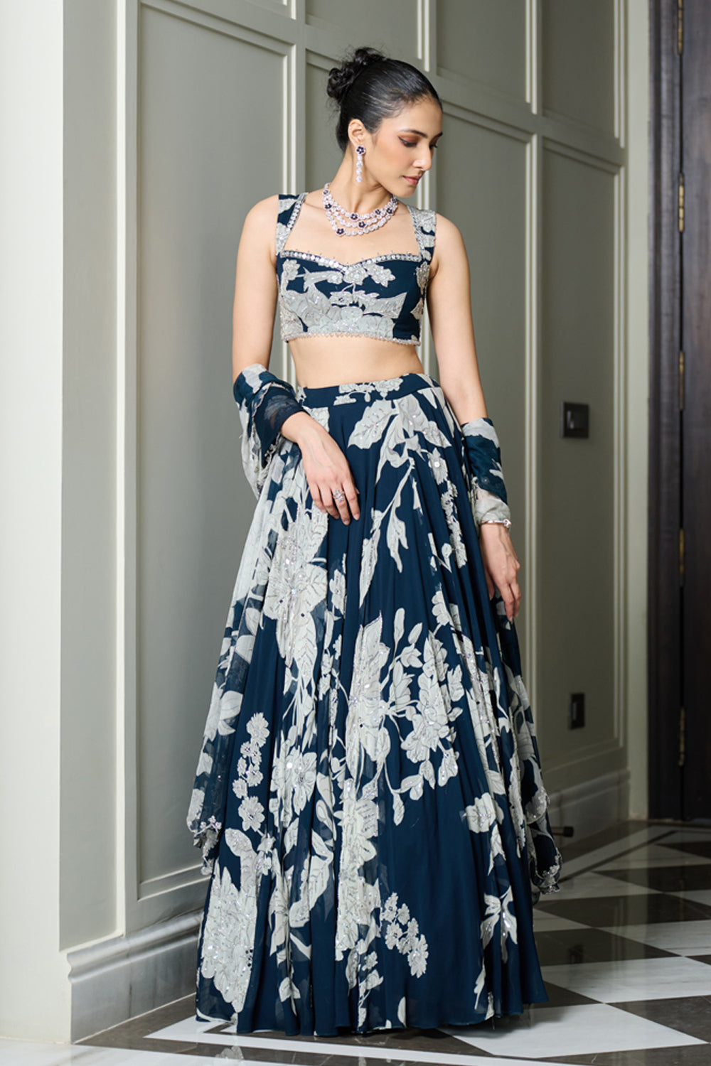 Blue Floral Print Lehenga Set