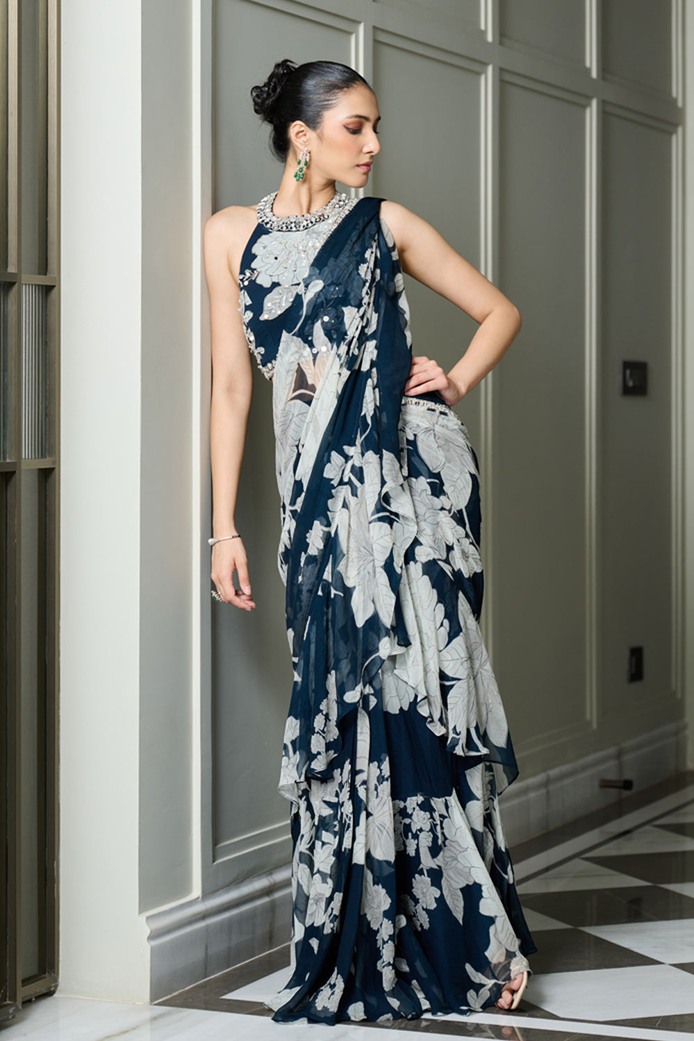 Blue Floral Print Saree