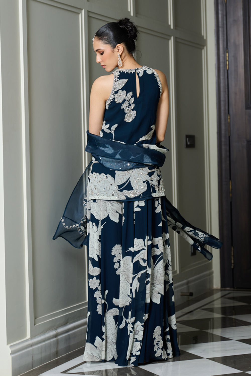Blue Floral Print Halter Neck Kurta Sharara Set