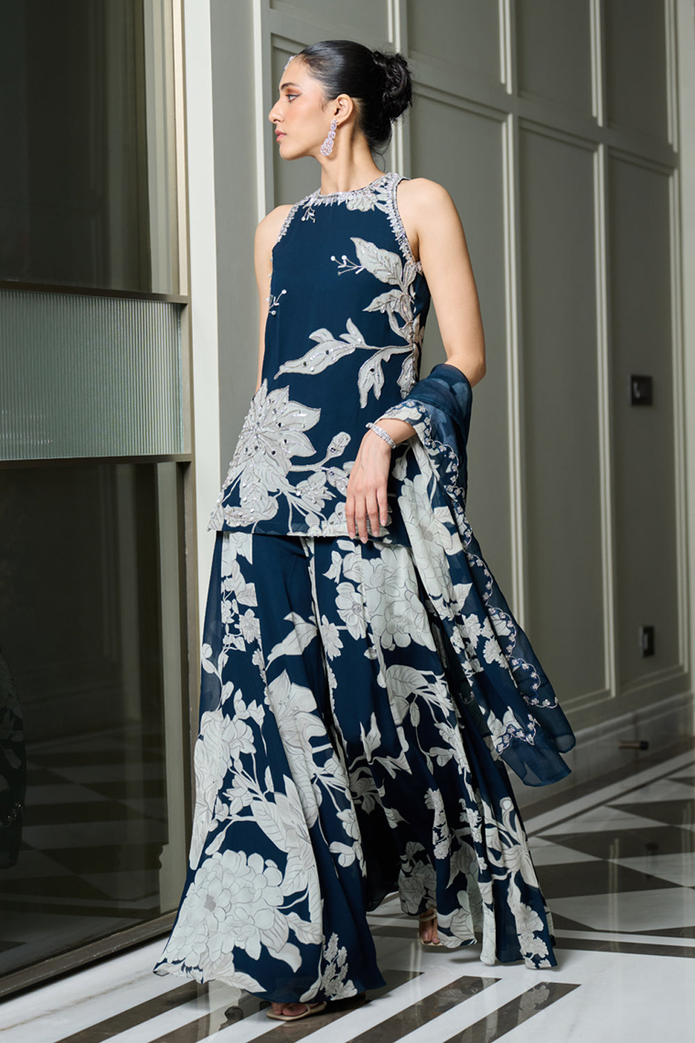 Blue Floral Print Halter Neck Kurta Sharara Set