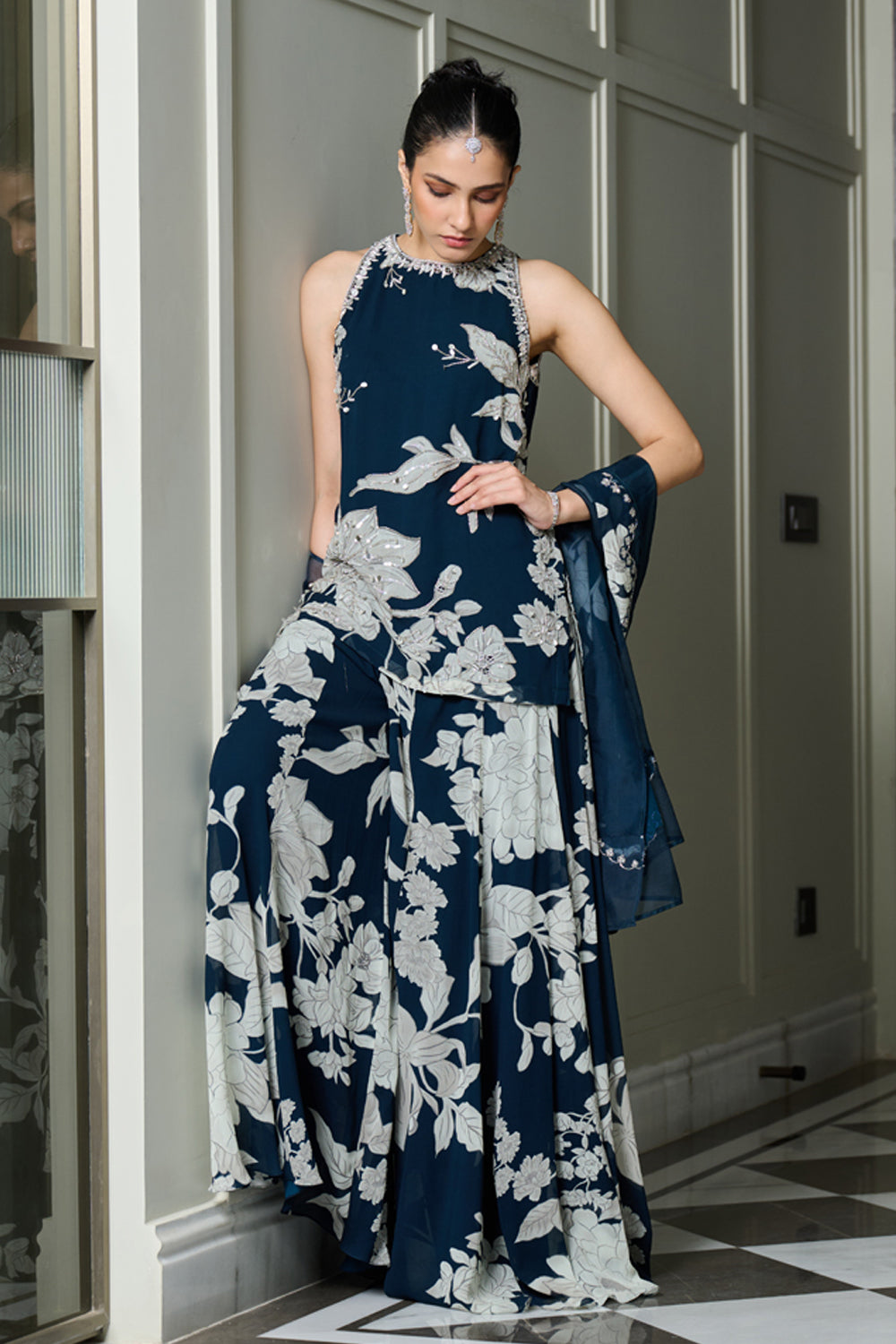 Blue Floral Print Halter Neck Kurta Sharara Set