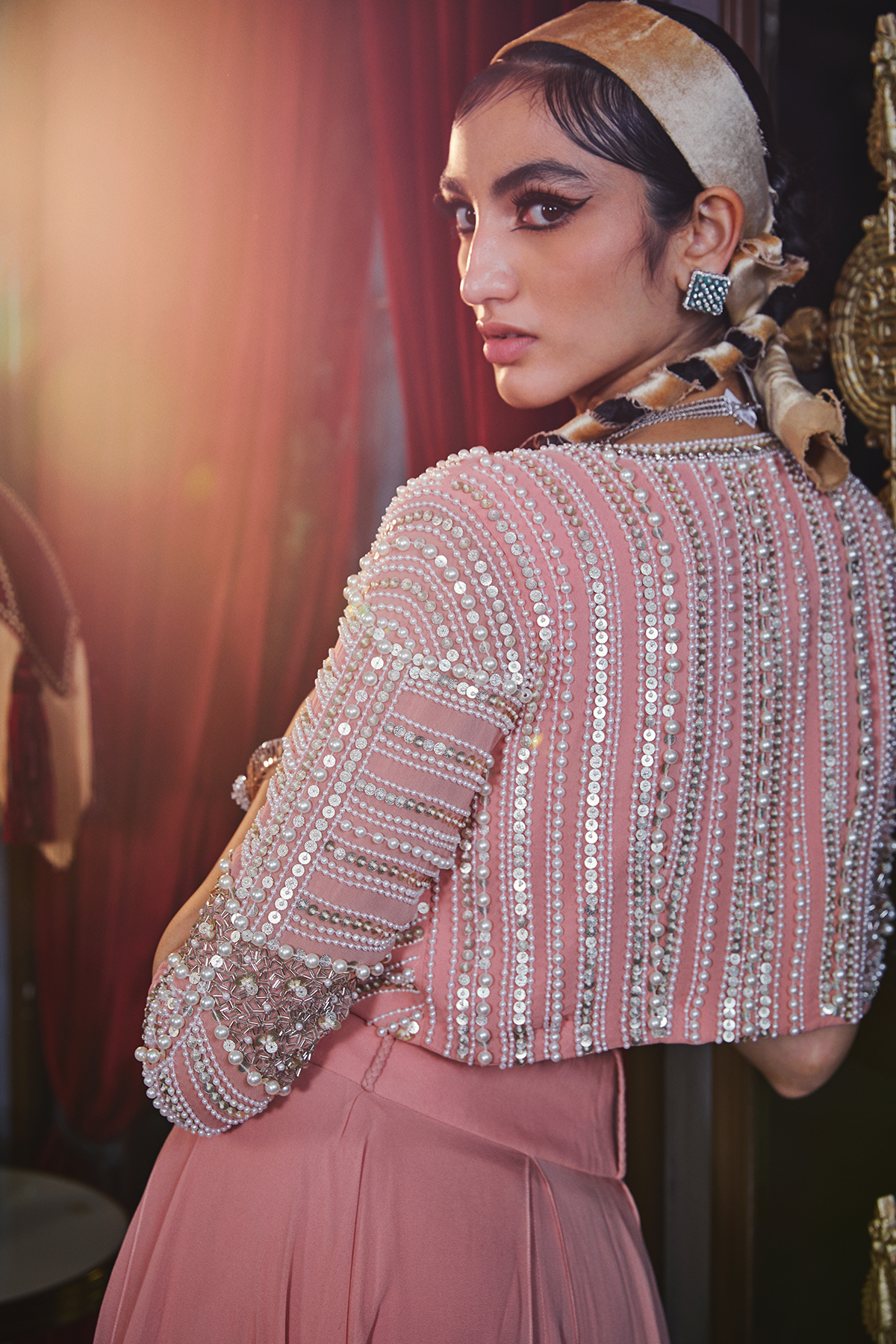 Pink Crop Top With Skirt And Jacket Set