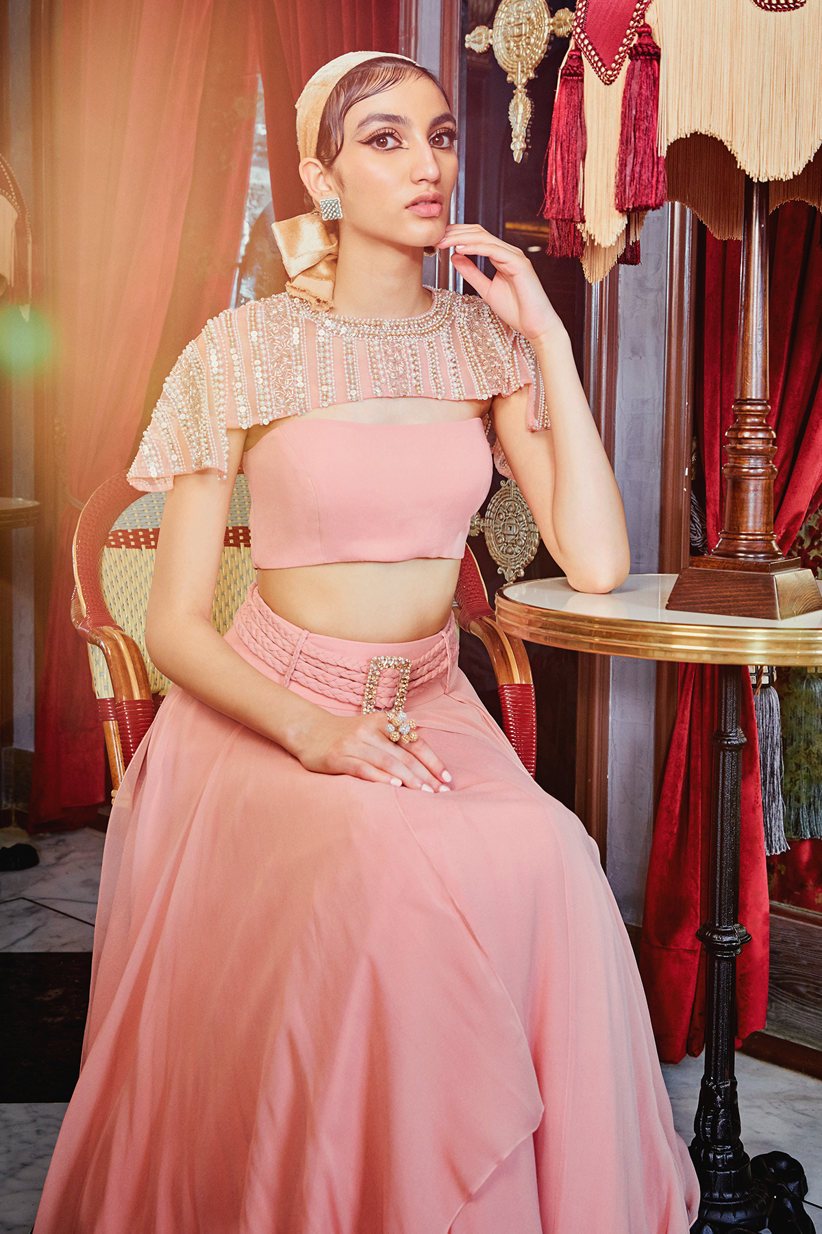 Pink Skirt With Bustier And Super Short Cape Set