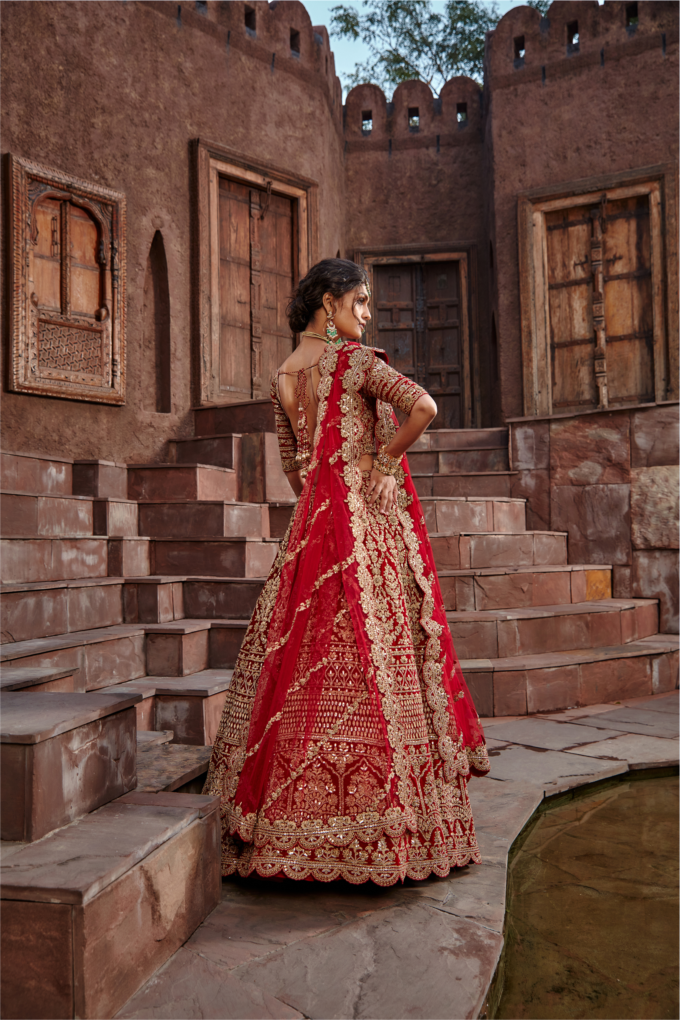 Blood Red Velvet Dori Lehenga Set