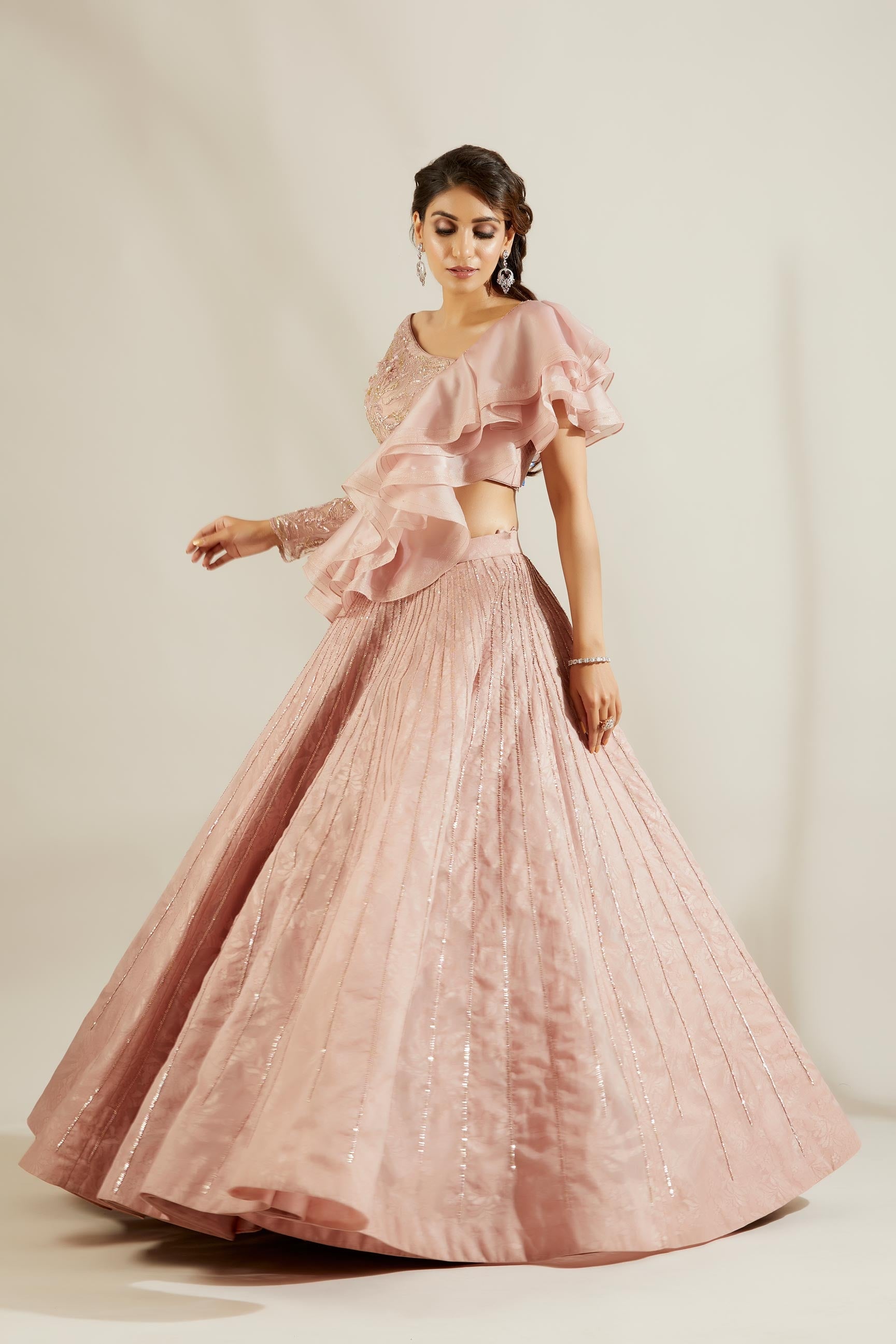 Soft Pink Ruffle Blouse With Skirt