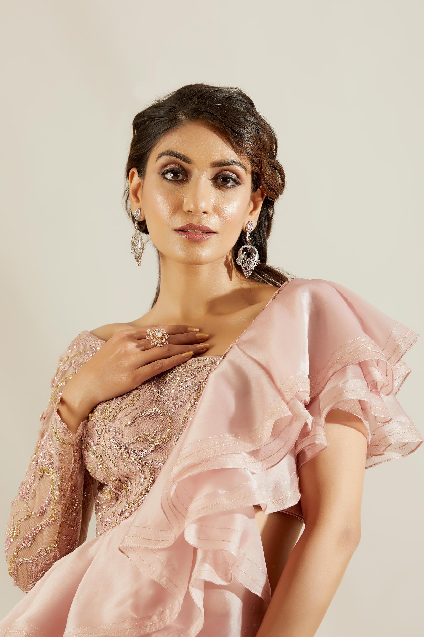 Soft Pink Ruffle Blouse With Skirt