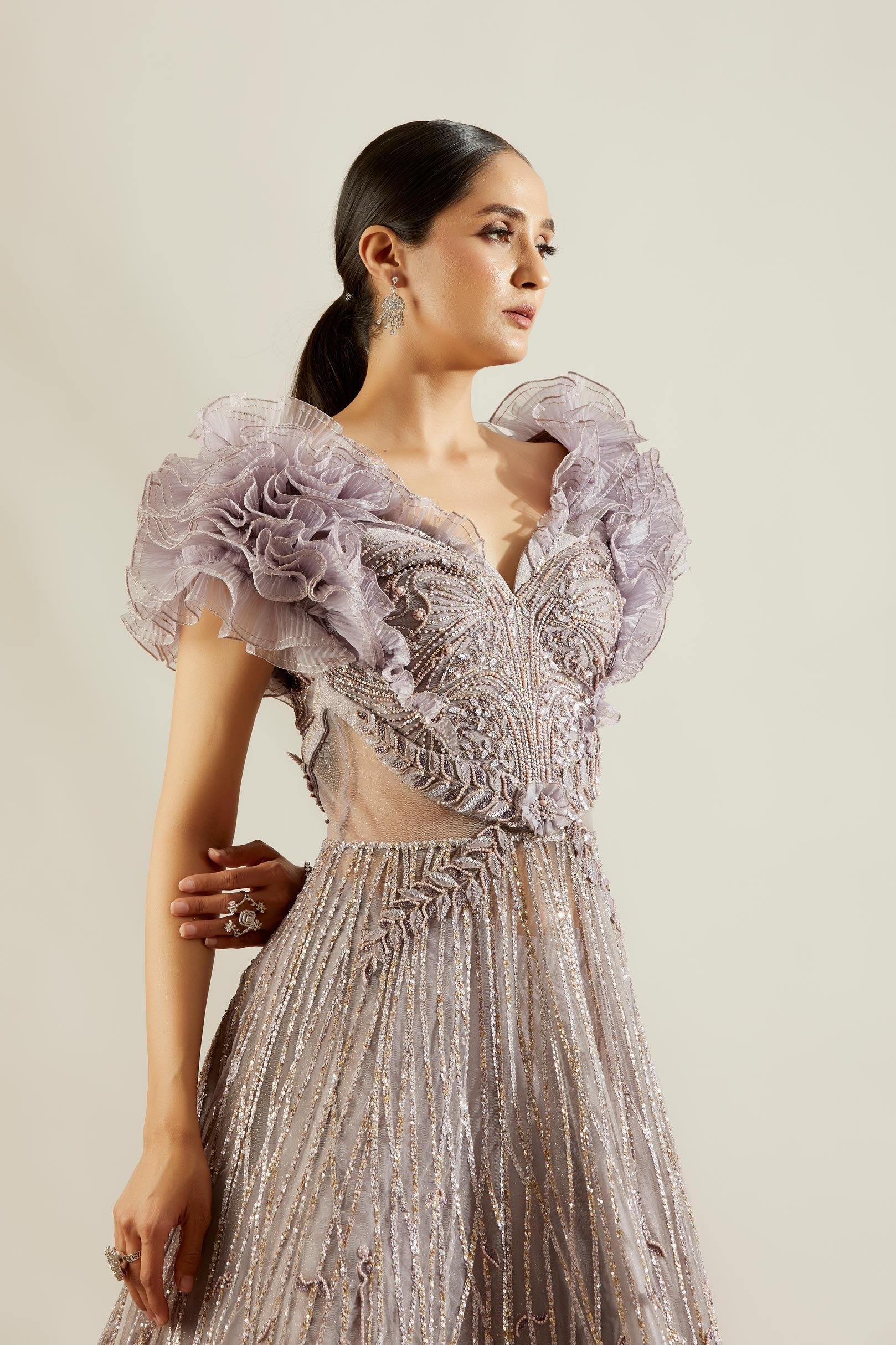 Peri Winkle Leaf Ruffle Ball Gown