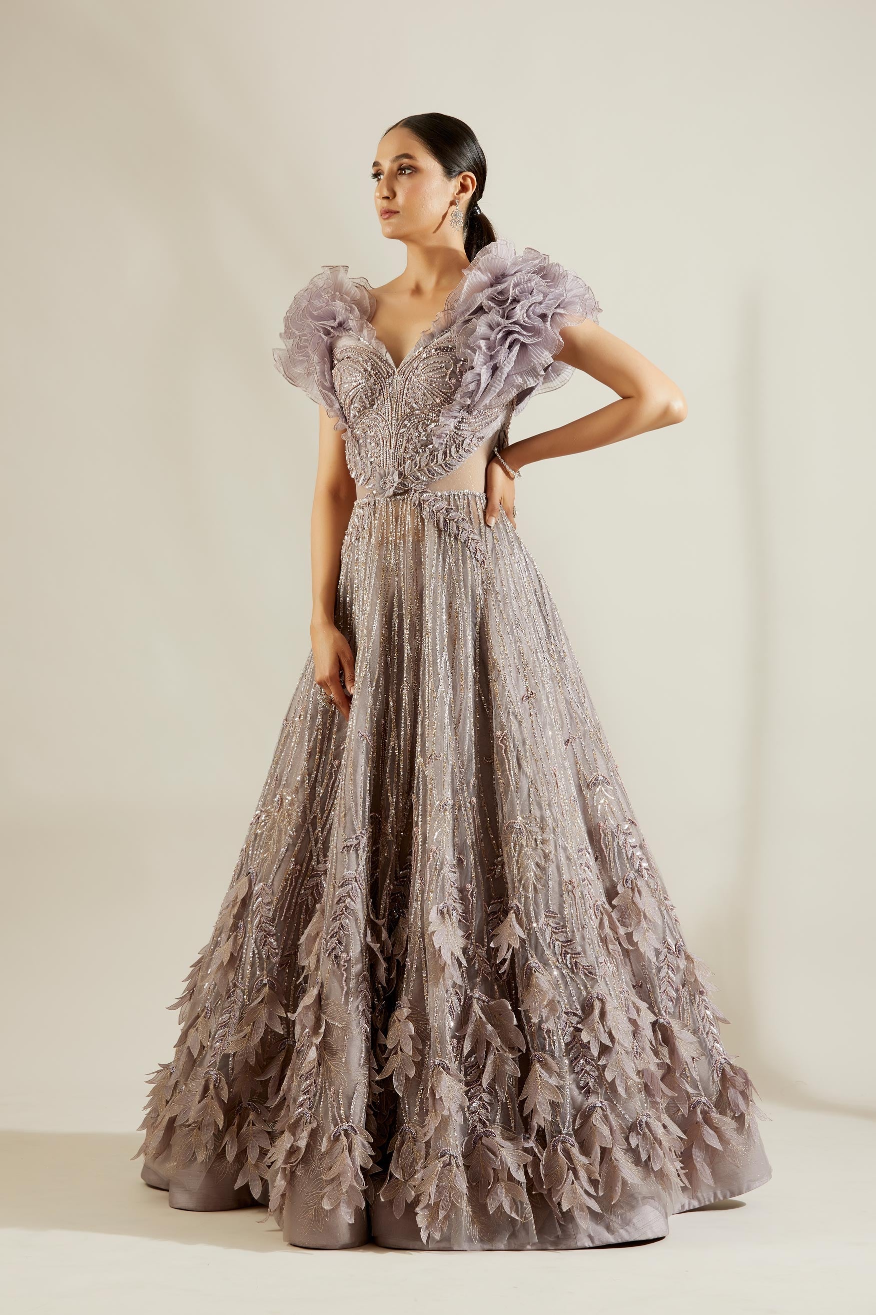 Peri Winkle Leaf Ruffle Ball Gown