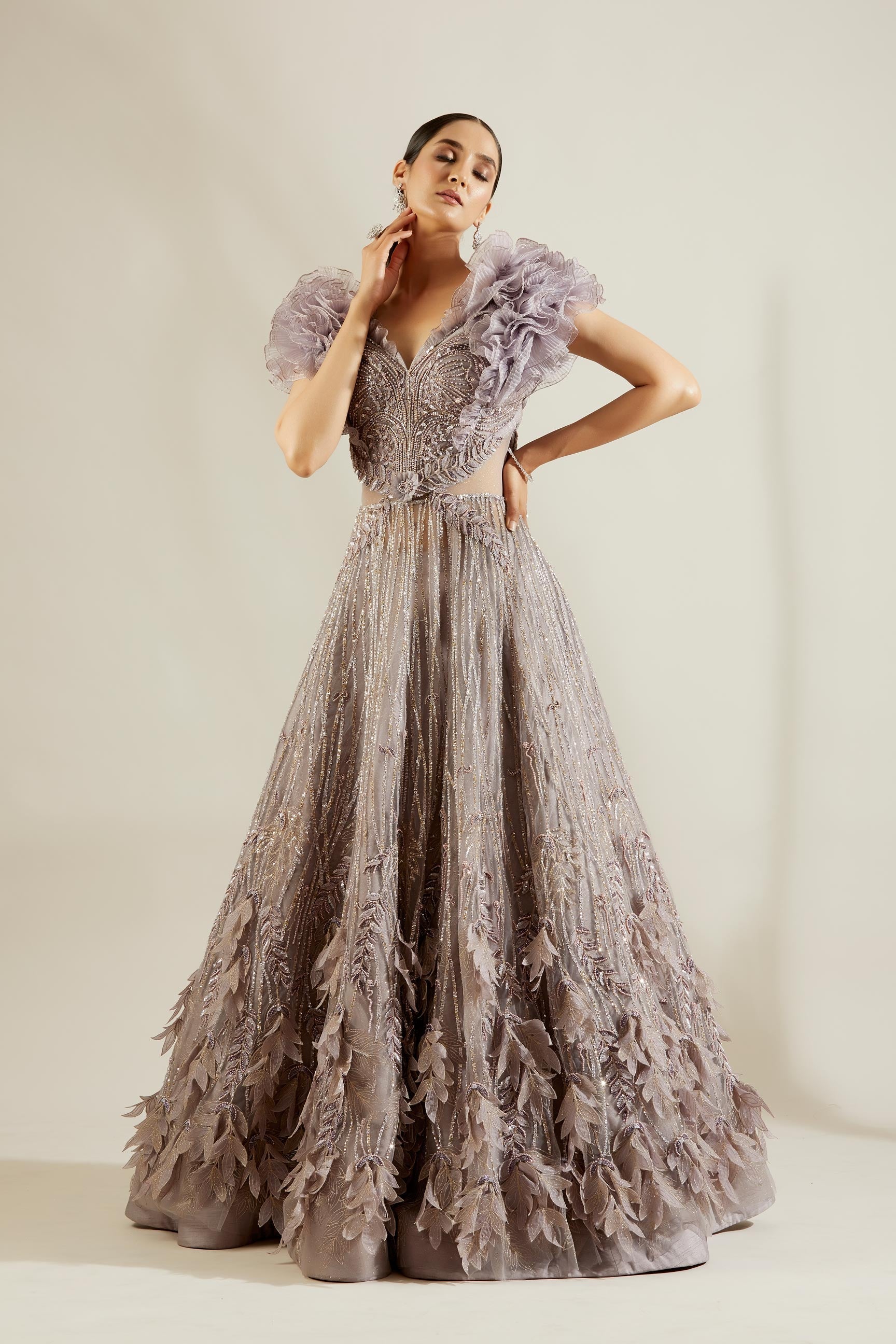 Peri Winkle Leaf Ruffle Ball Gown