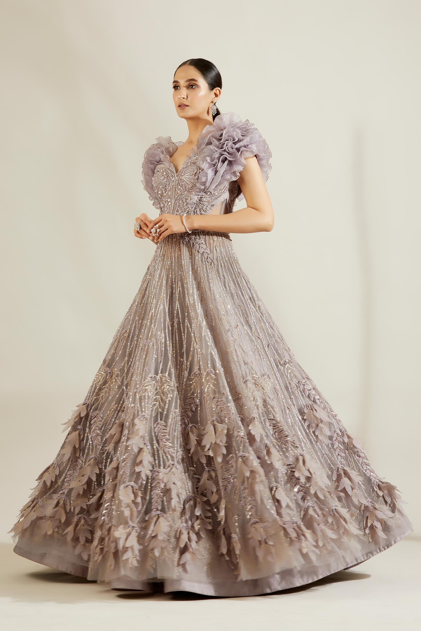 Peri Winkle Leaf Ruffle Ball Gown