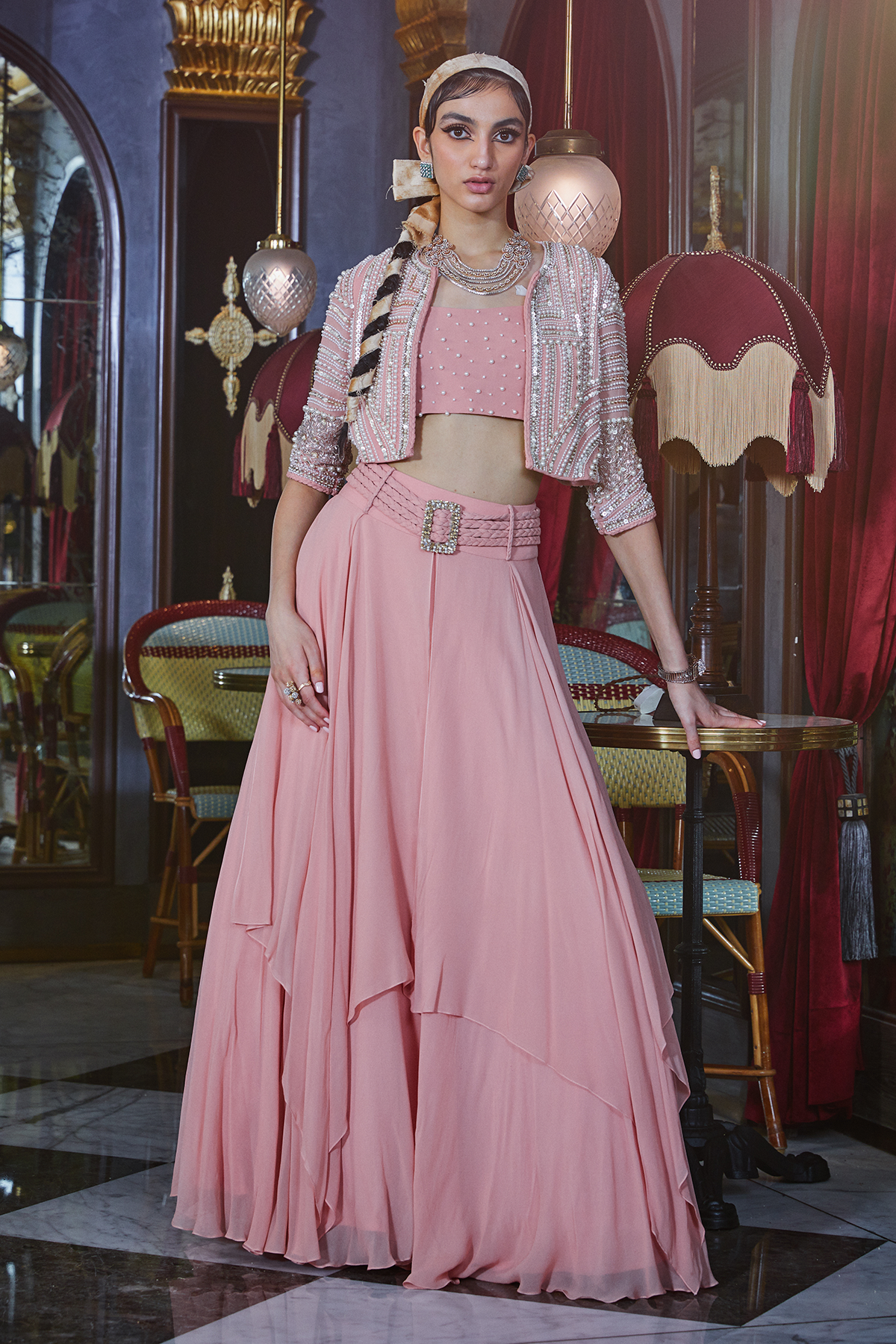 Pink Crop Top With Skirt And Jacket Set