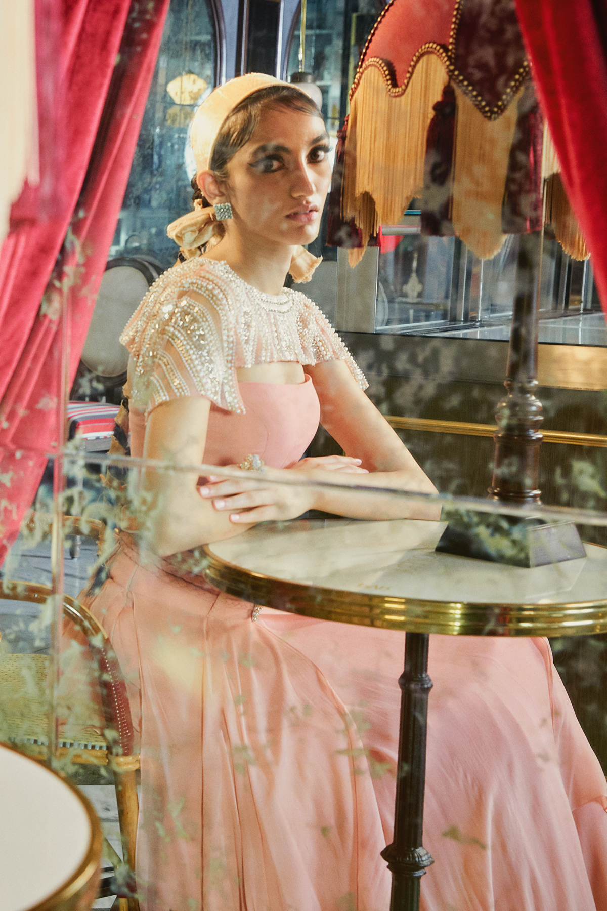 Pink Skirt With Bustier And Super Short Cape Set
