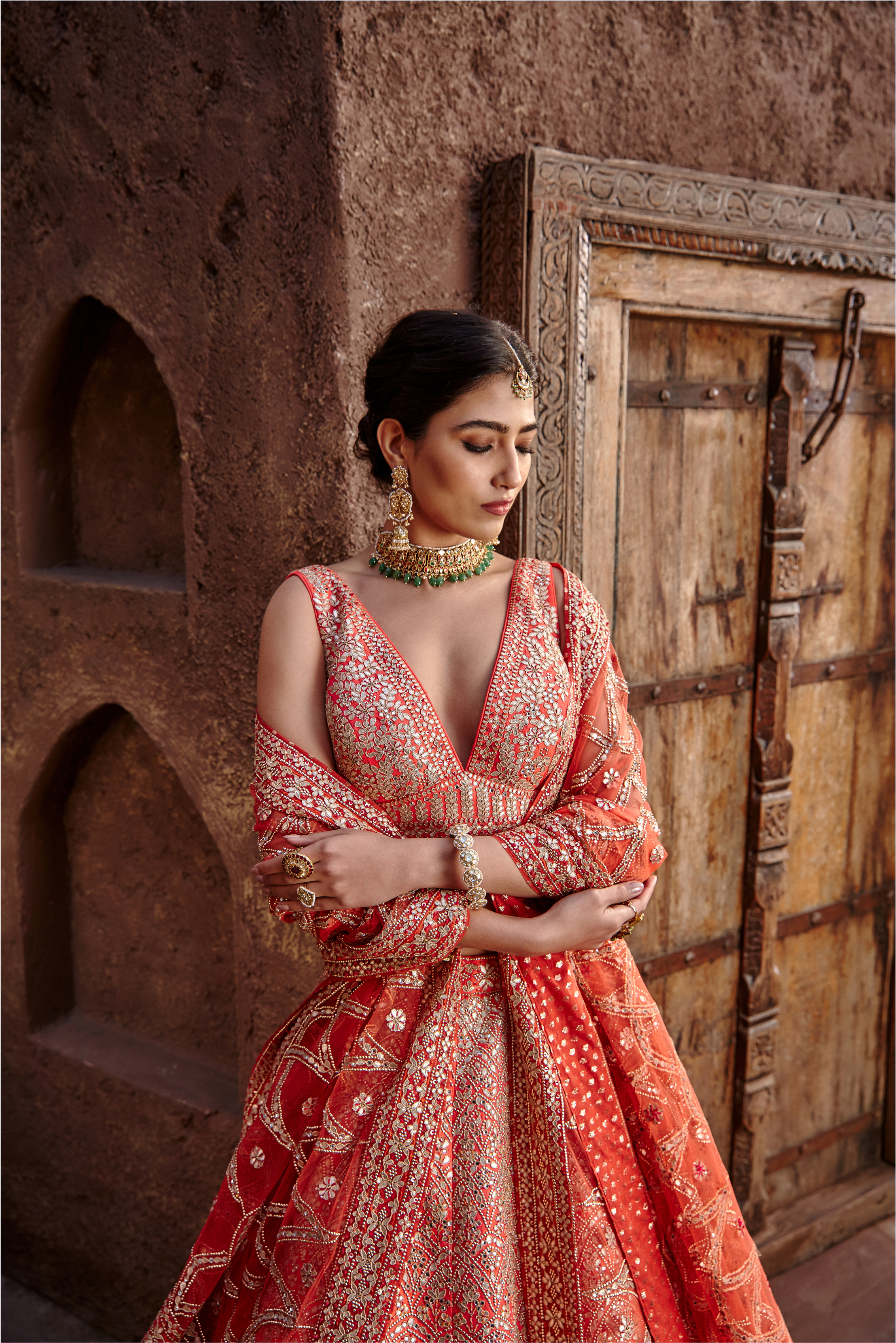 Orange Raw Silk Gota Lehenga Set