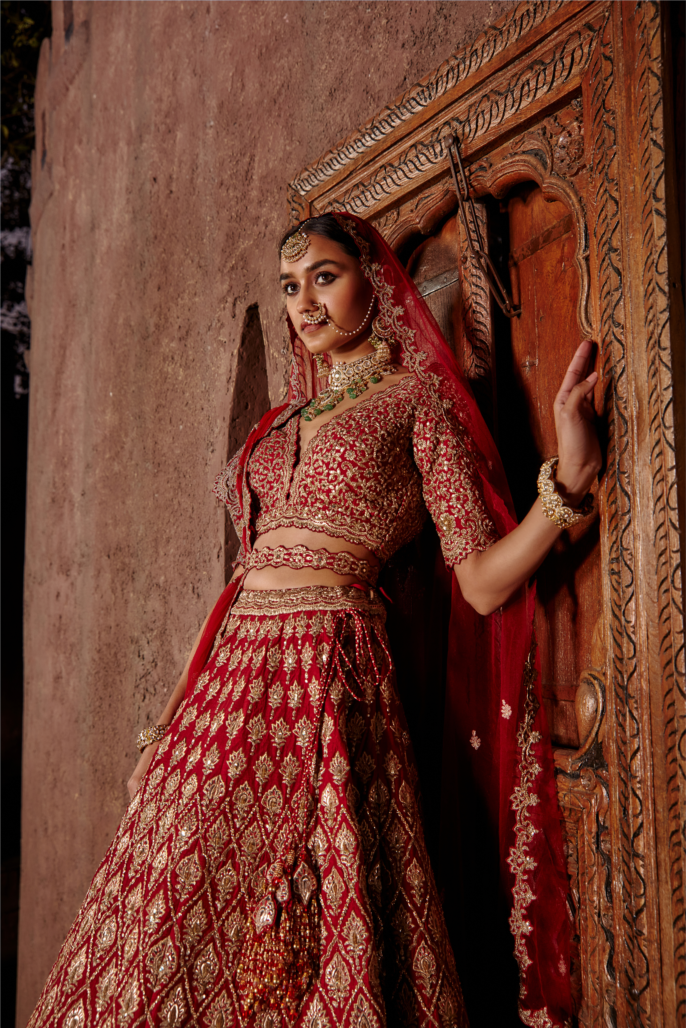 Red Raw Silk Lehenga Set With Leather Applique