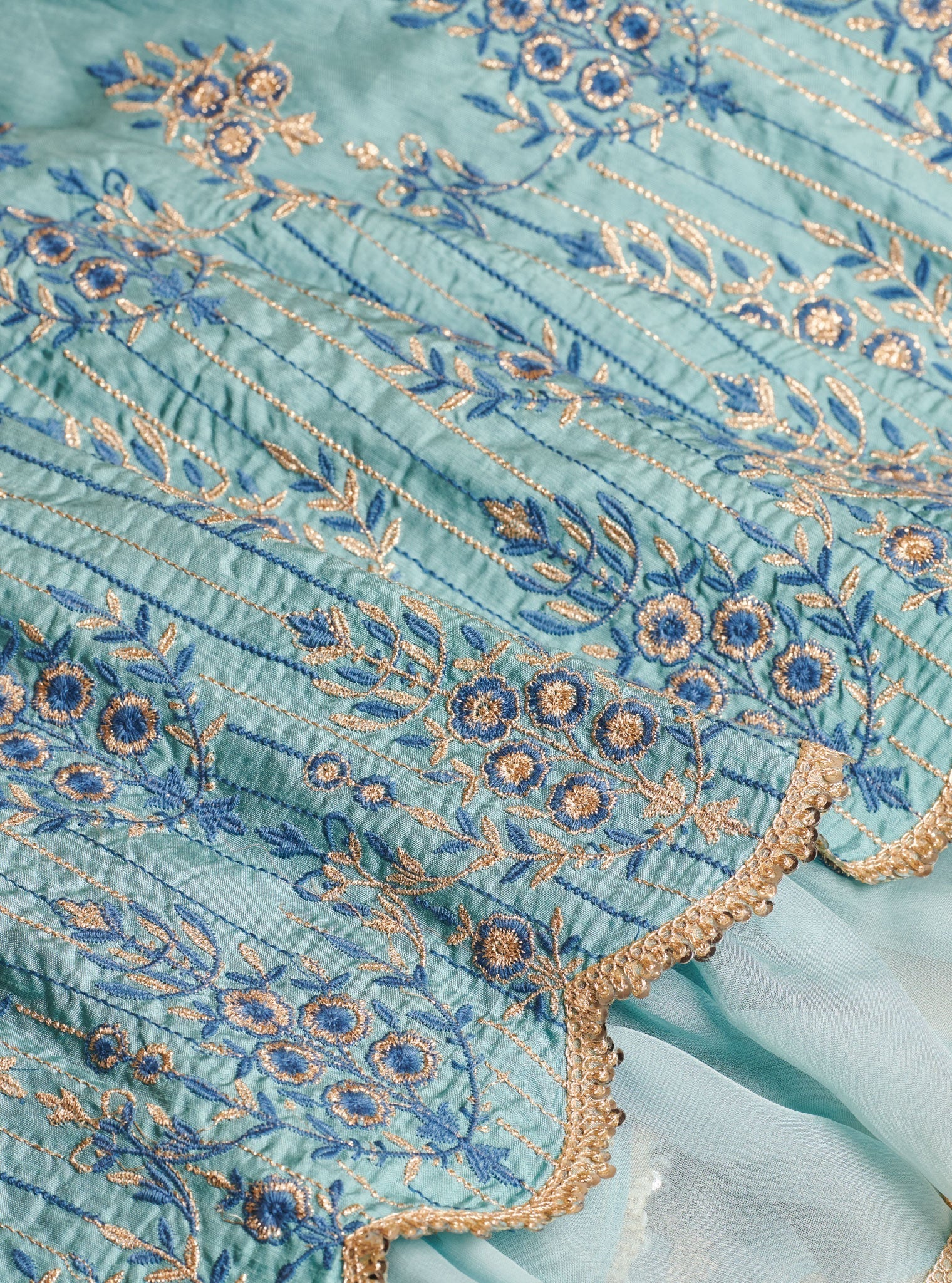 Mulmul Silk Bahaara Blue Lehenga