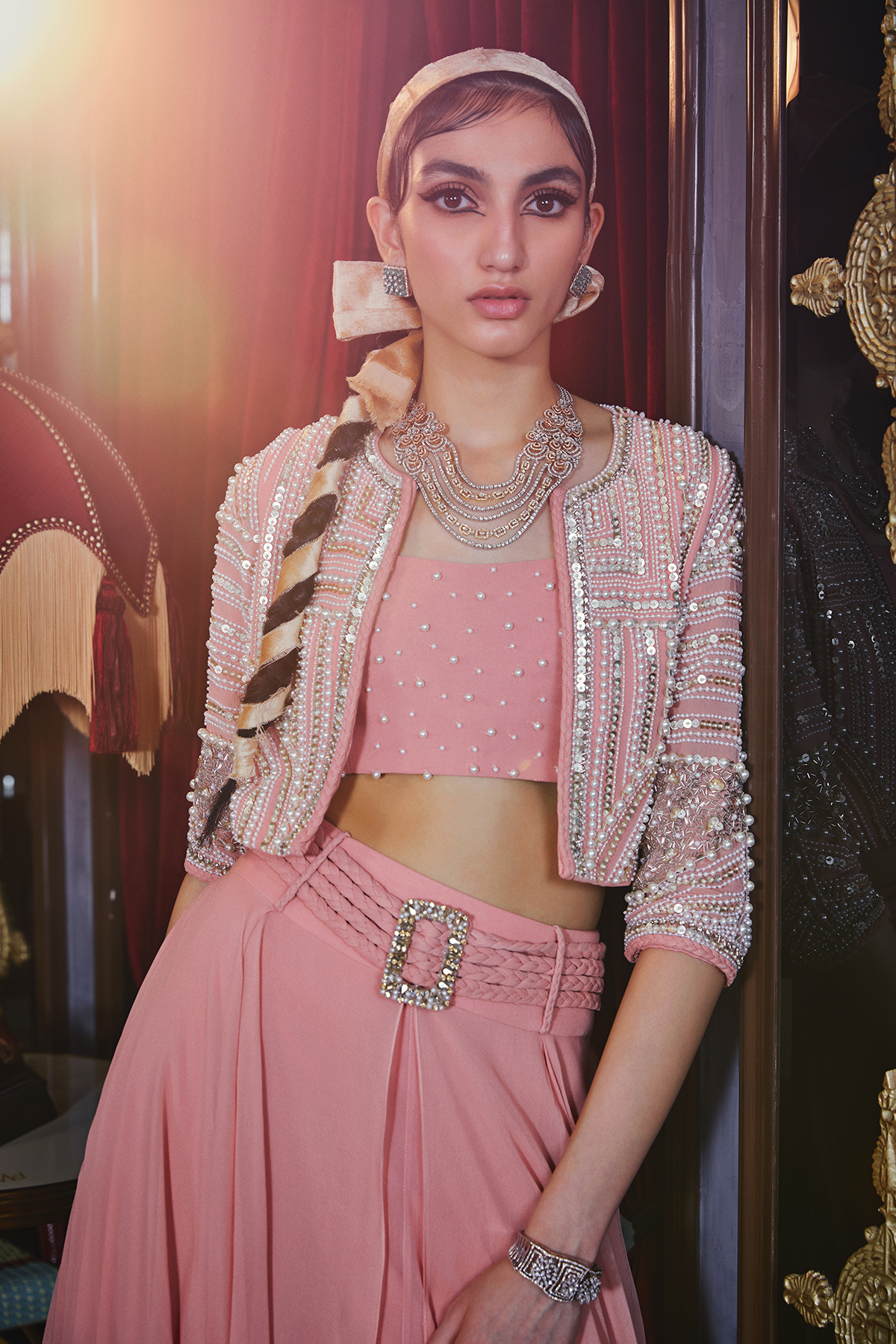 Pink Crop Top With Skirt And Jacket Set