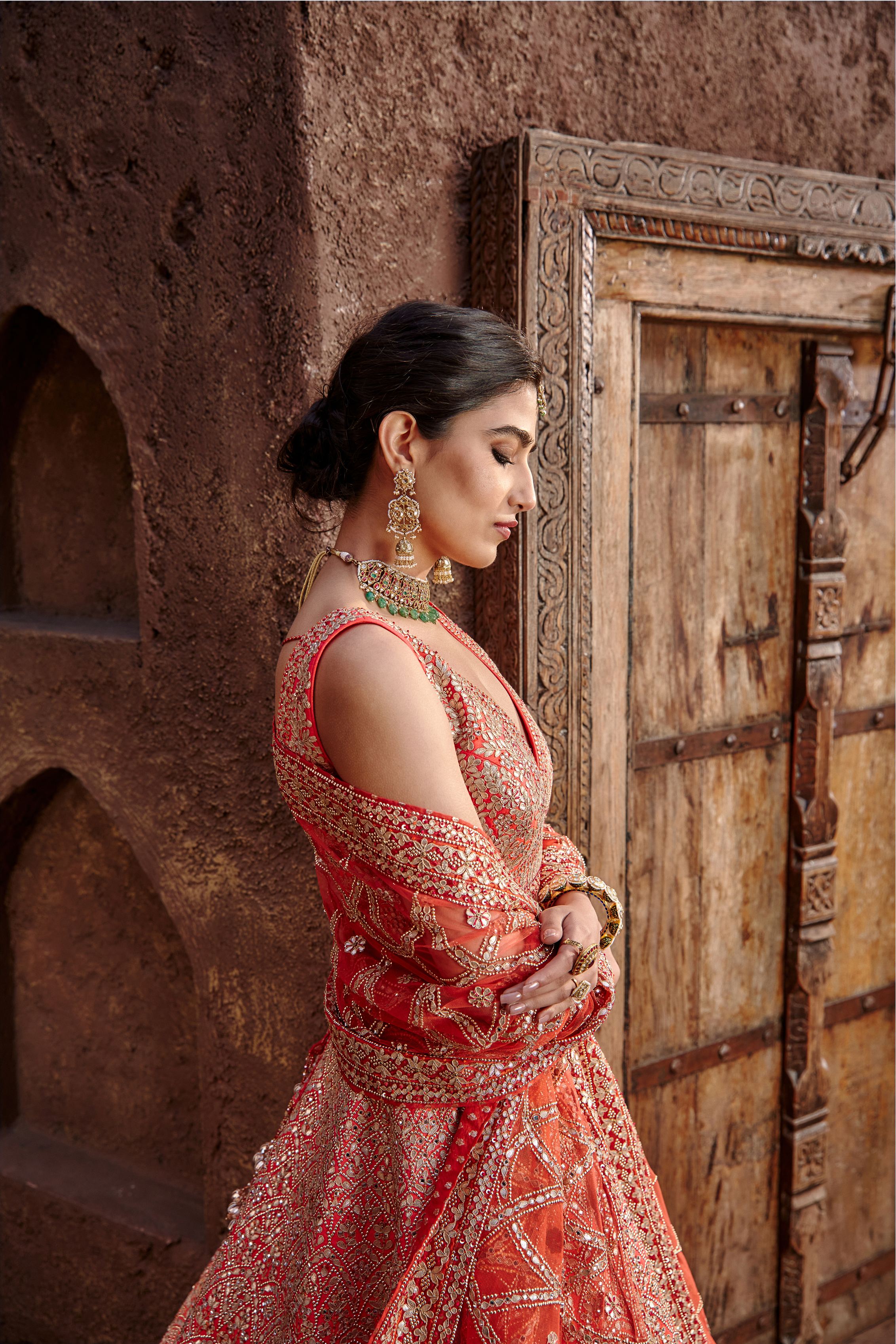 Orange Raw Silk Gota Lehenga Set