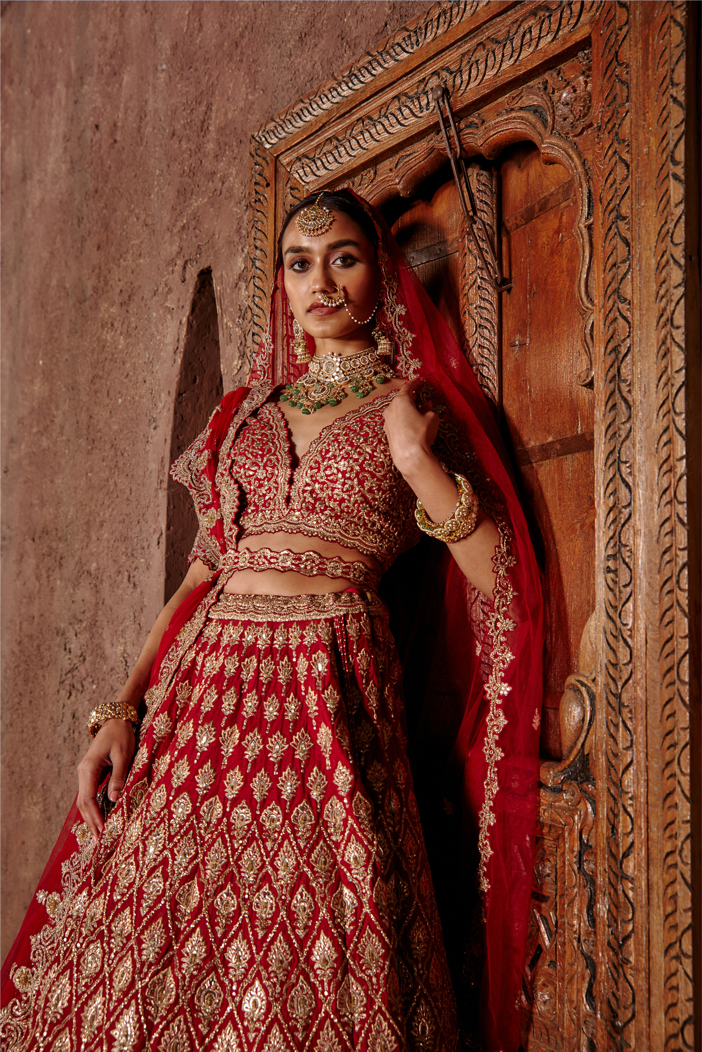 Red Raw Silk Lehenga Set With Leather Applique