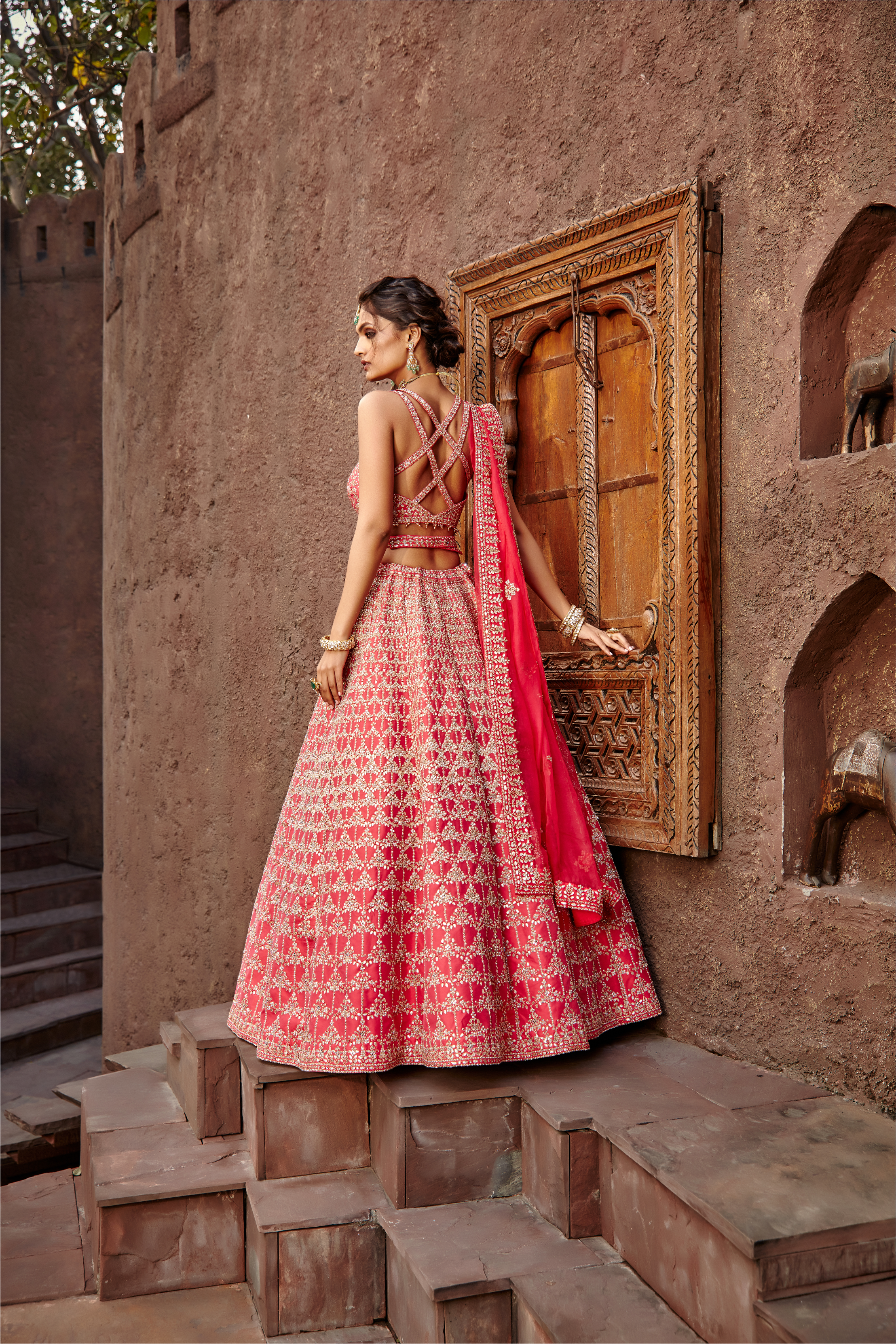 Coral Raw Silk Lehenga Set Gota Work