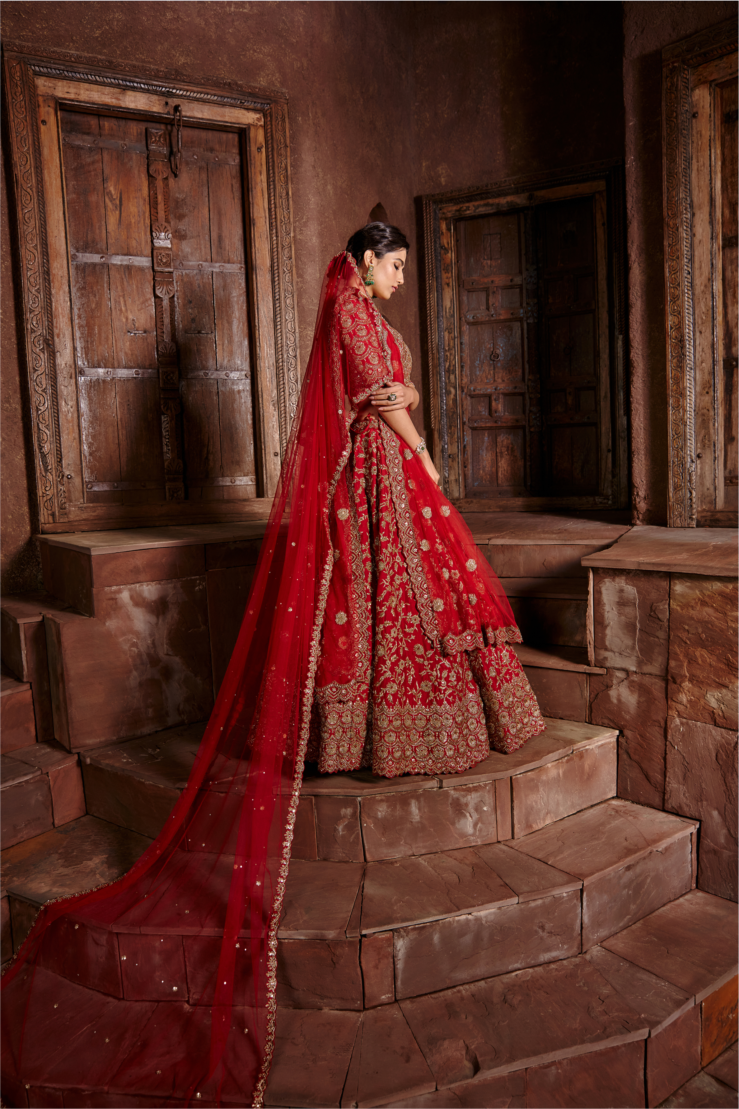 Red Raw Silk Lehenga Set