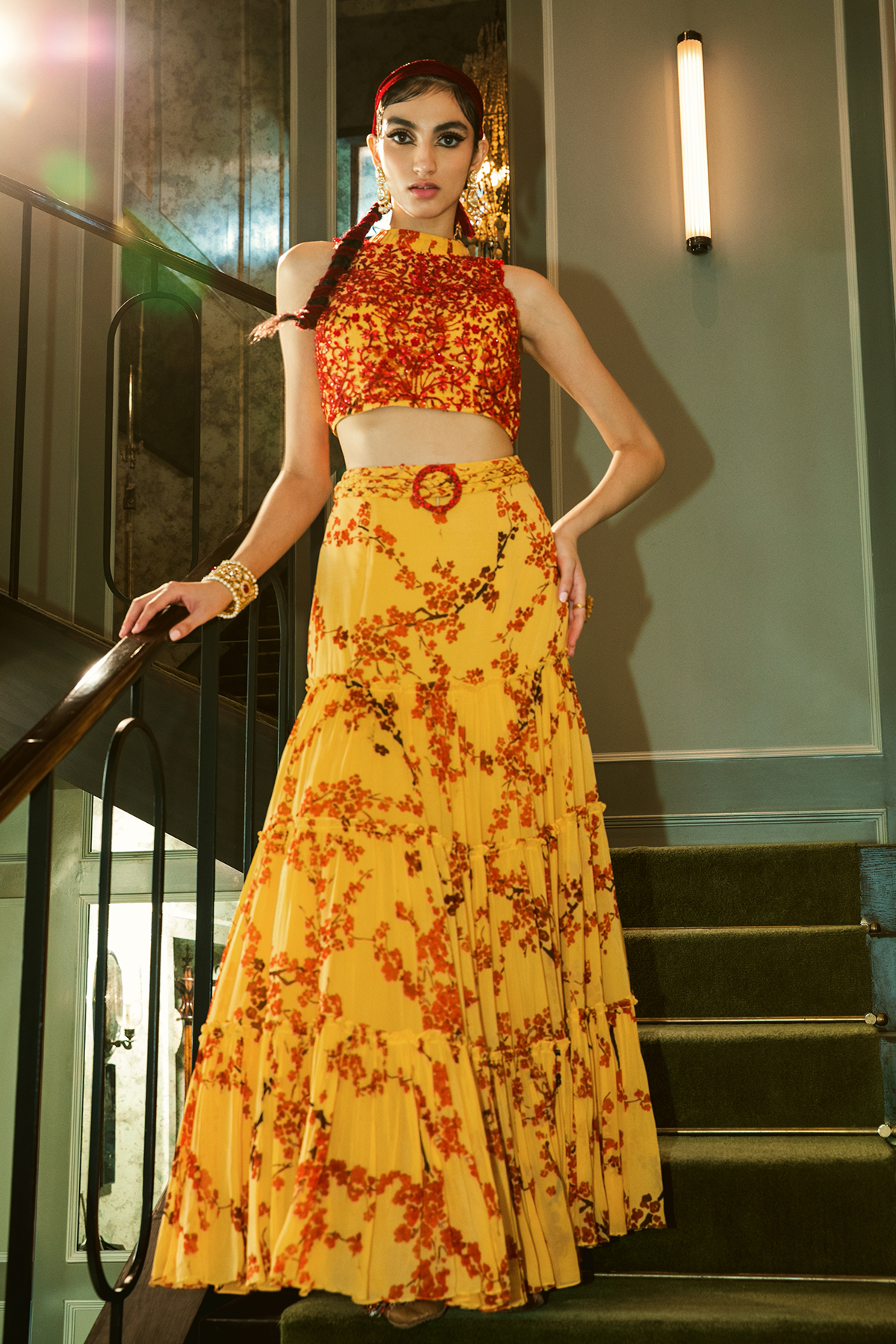 Mango Printed Crop Top And Mermaid Skirt Set