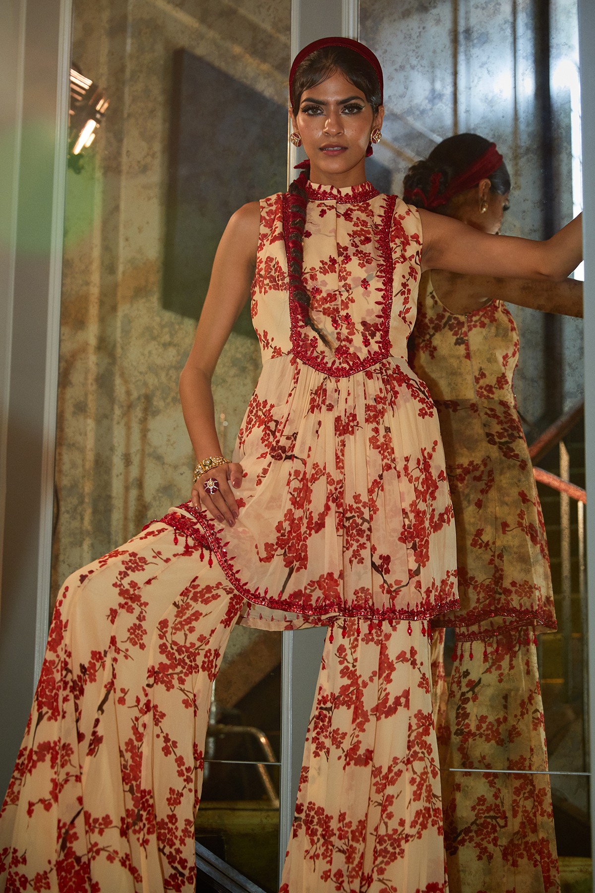 Ivory And Red Cherry Printed Kurta And Sharara Set