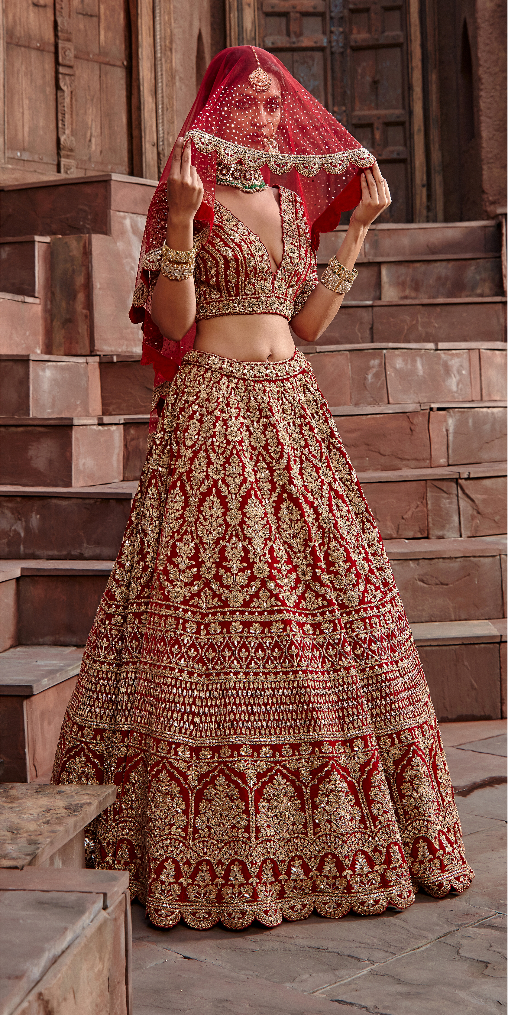 Blood Red Velvet Dori Lehenga Set