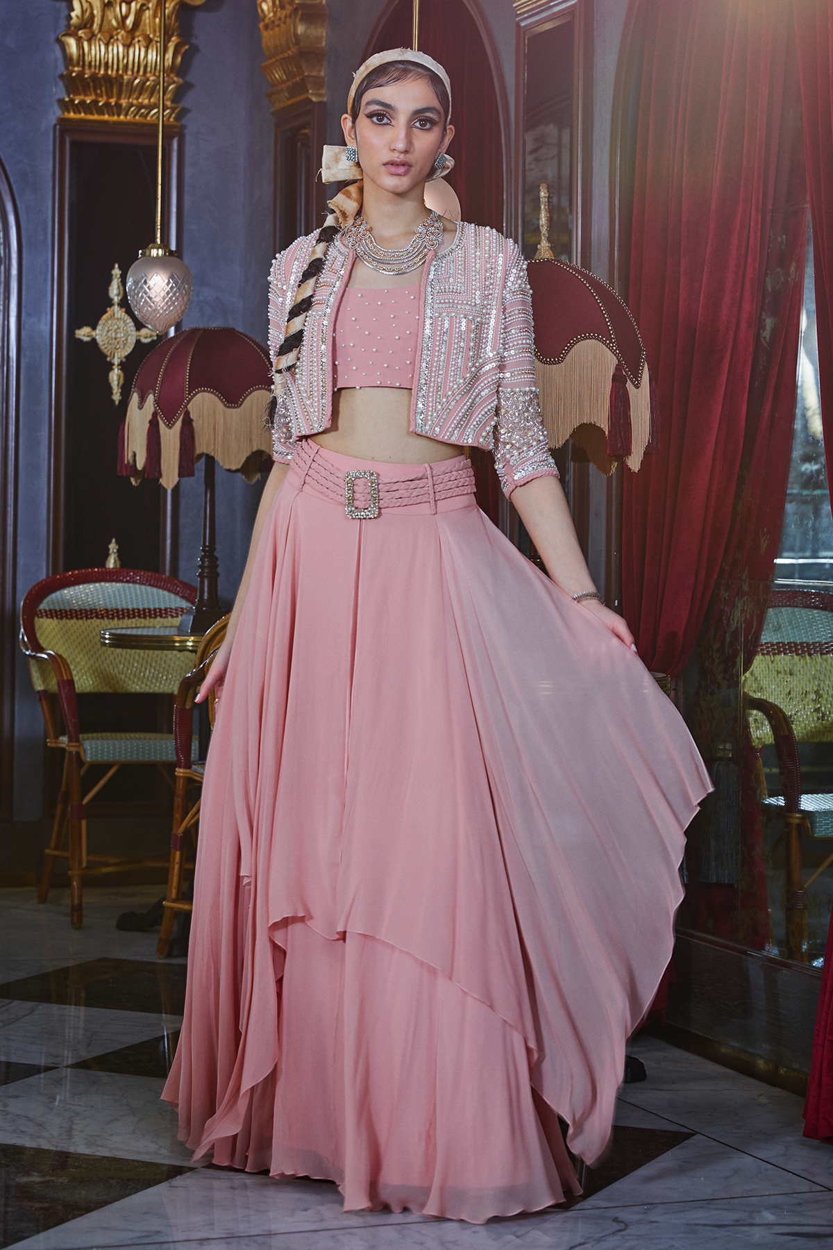Pink Crop Top With Skirt And Jacket Set