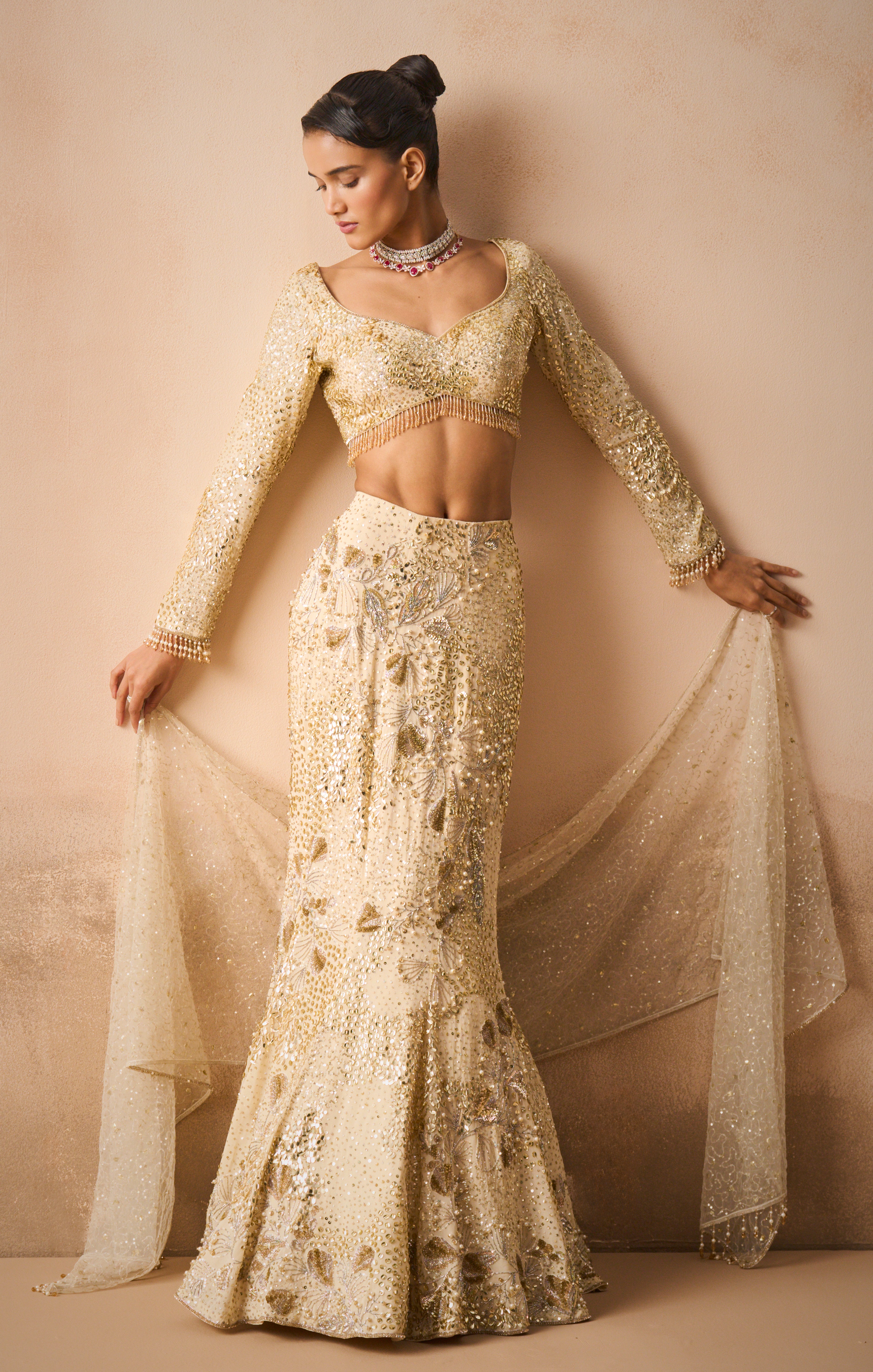 Ivory Georgette Fit And Flare Lehenga Set
