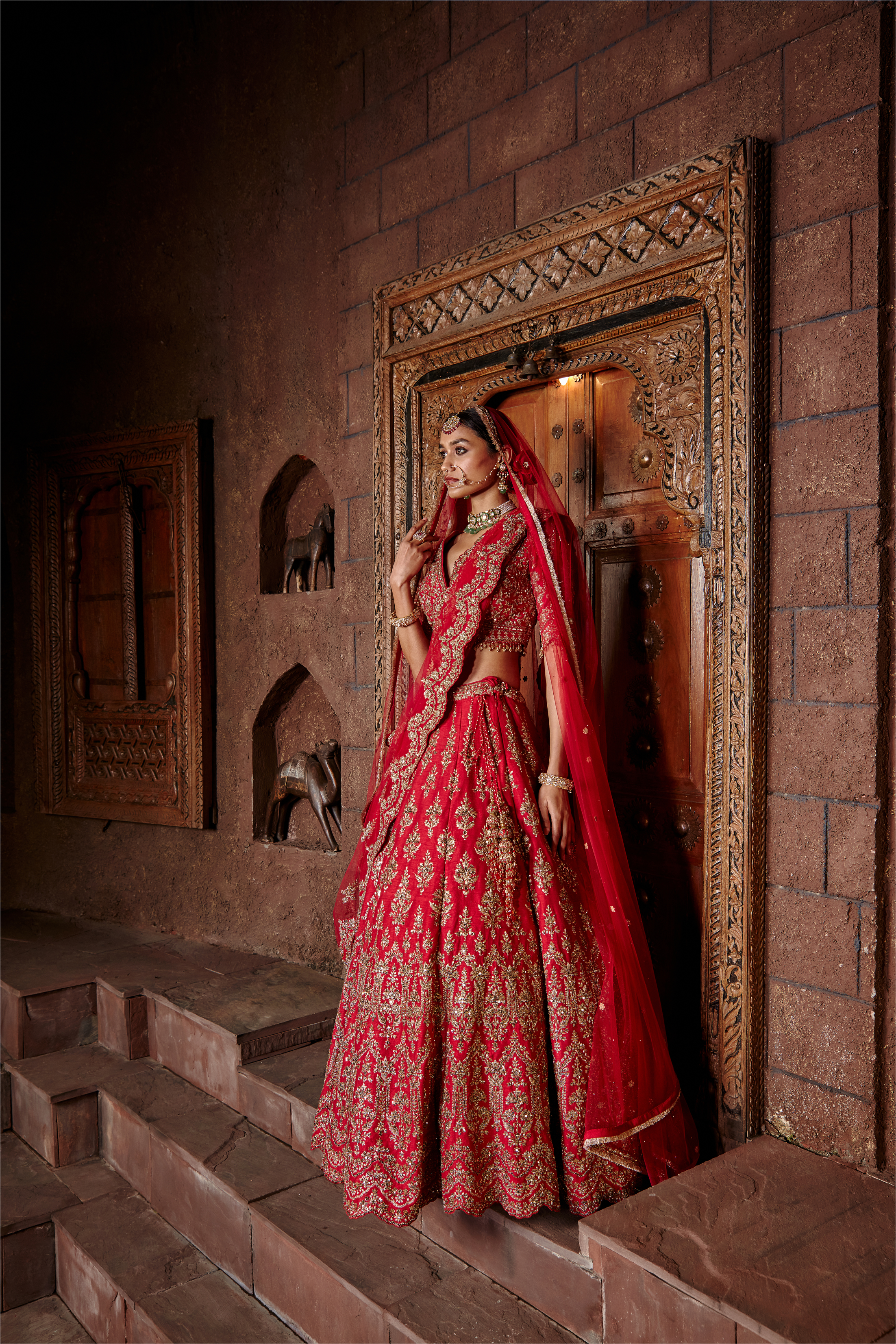 Cardinal Red Raw Silk Lehenga Set