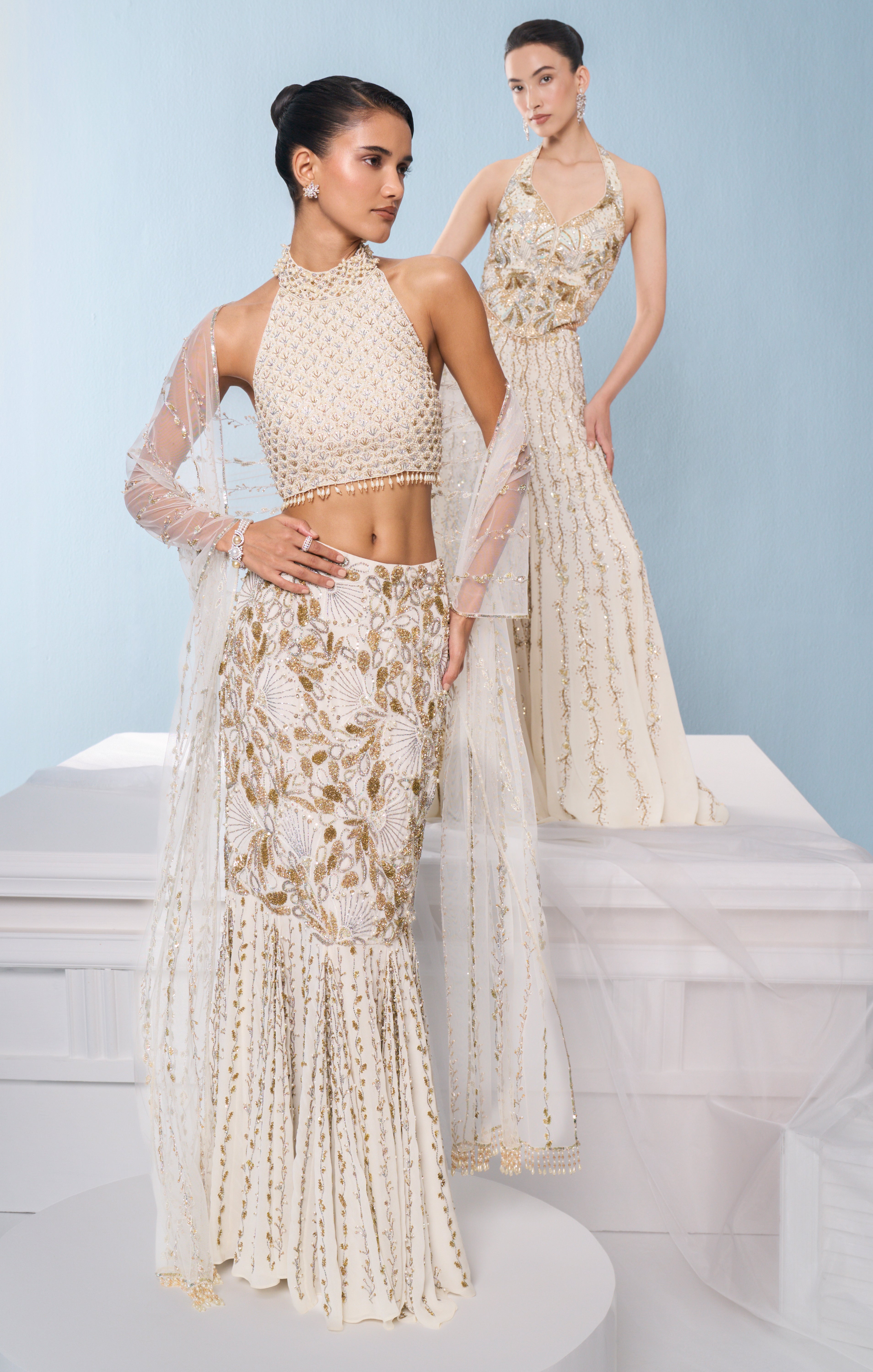 Ivory Georgette Fit And Flare Lehenga Set
