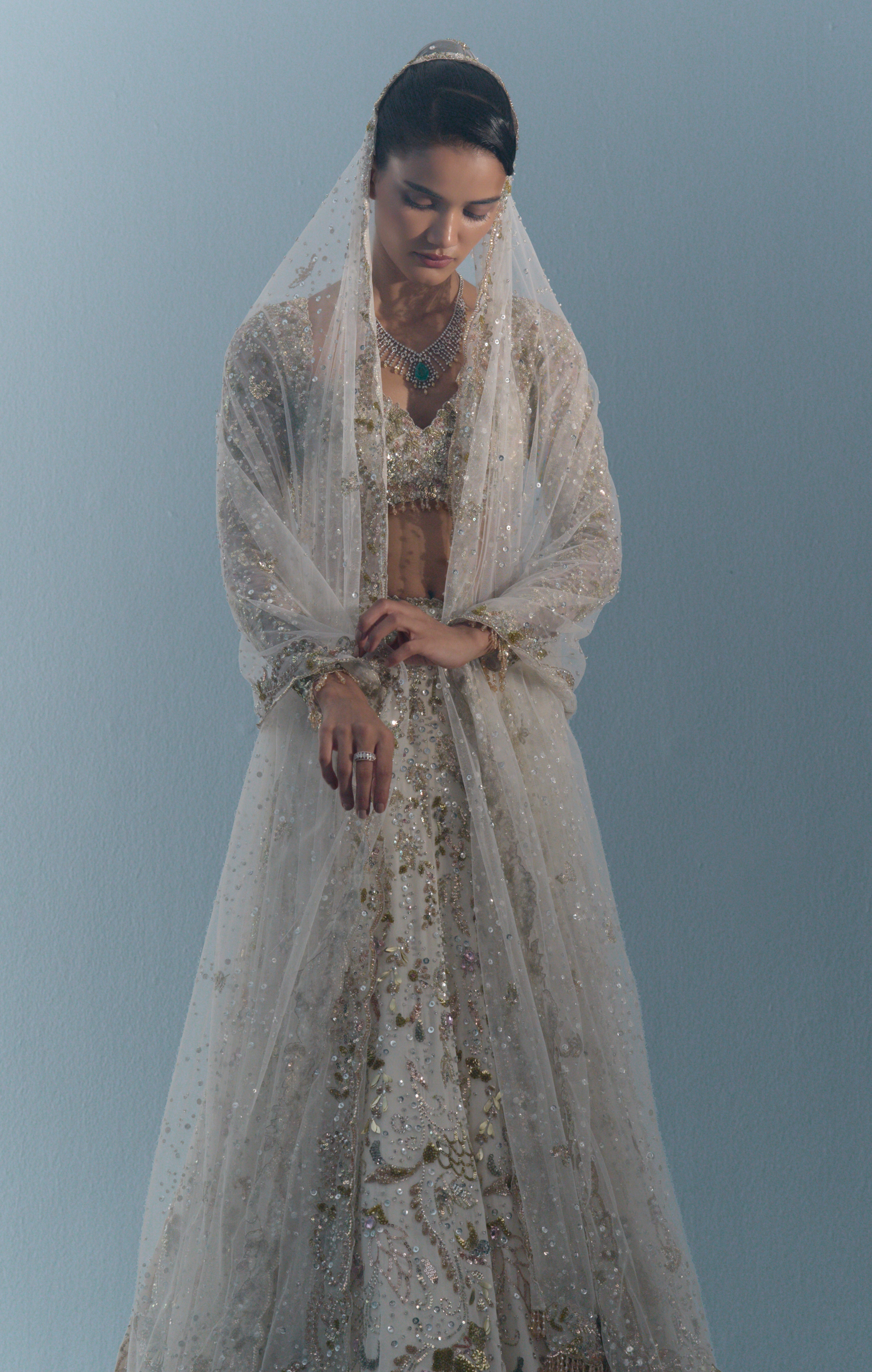 Ivory Georgette Fitted Lehenga Set
