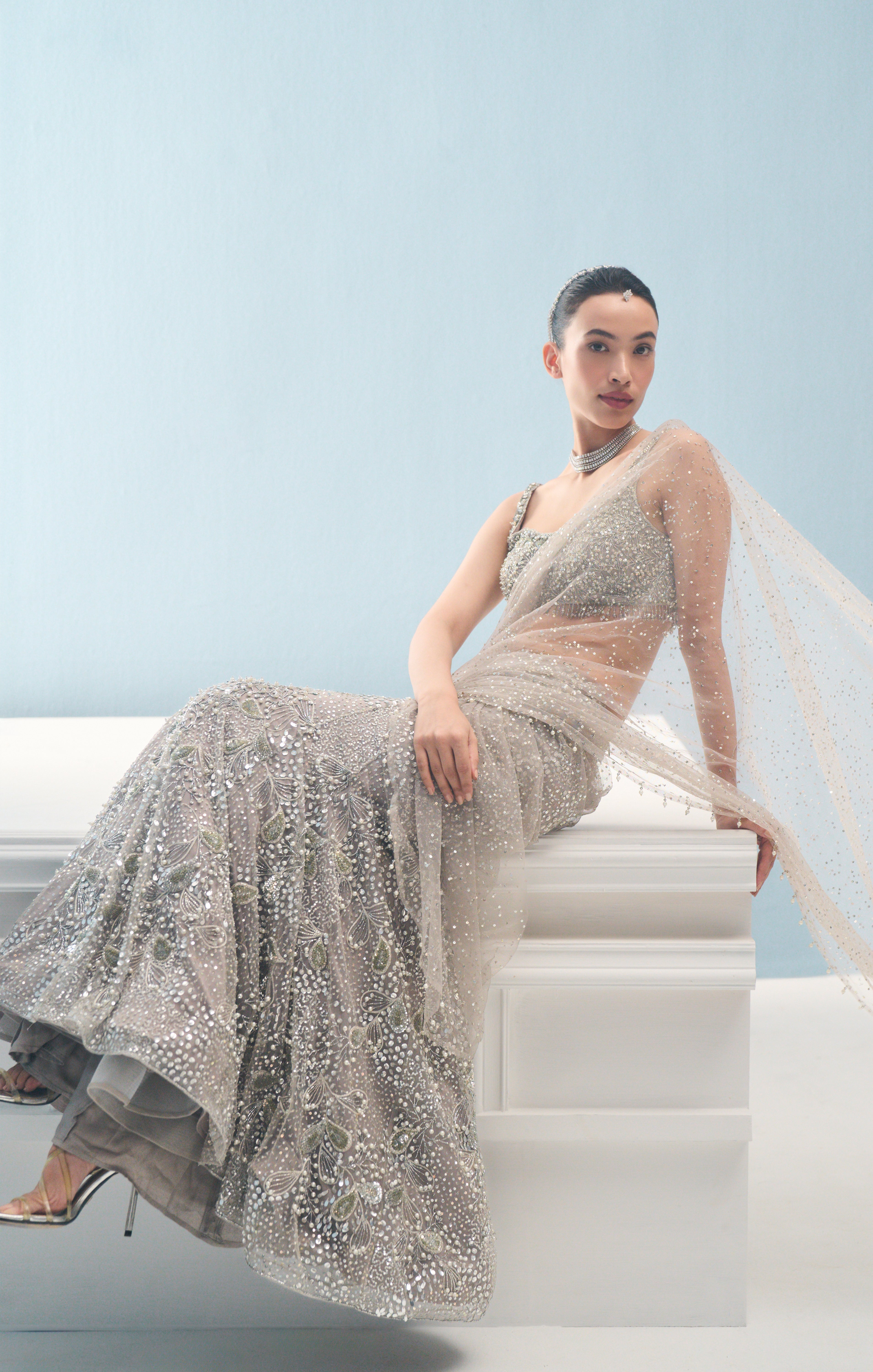 Silver Grey Tulle Drape Lehenga Set