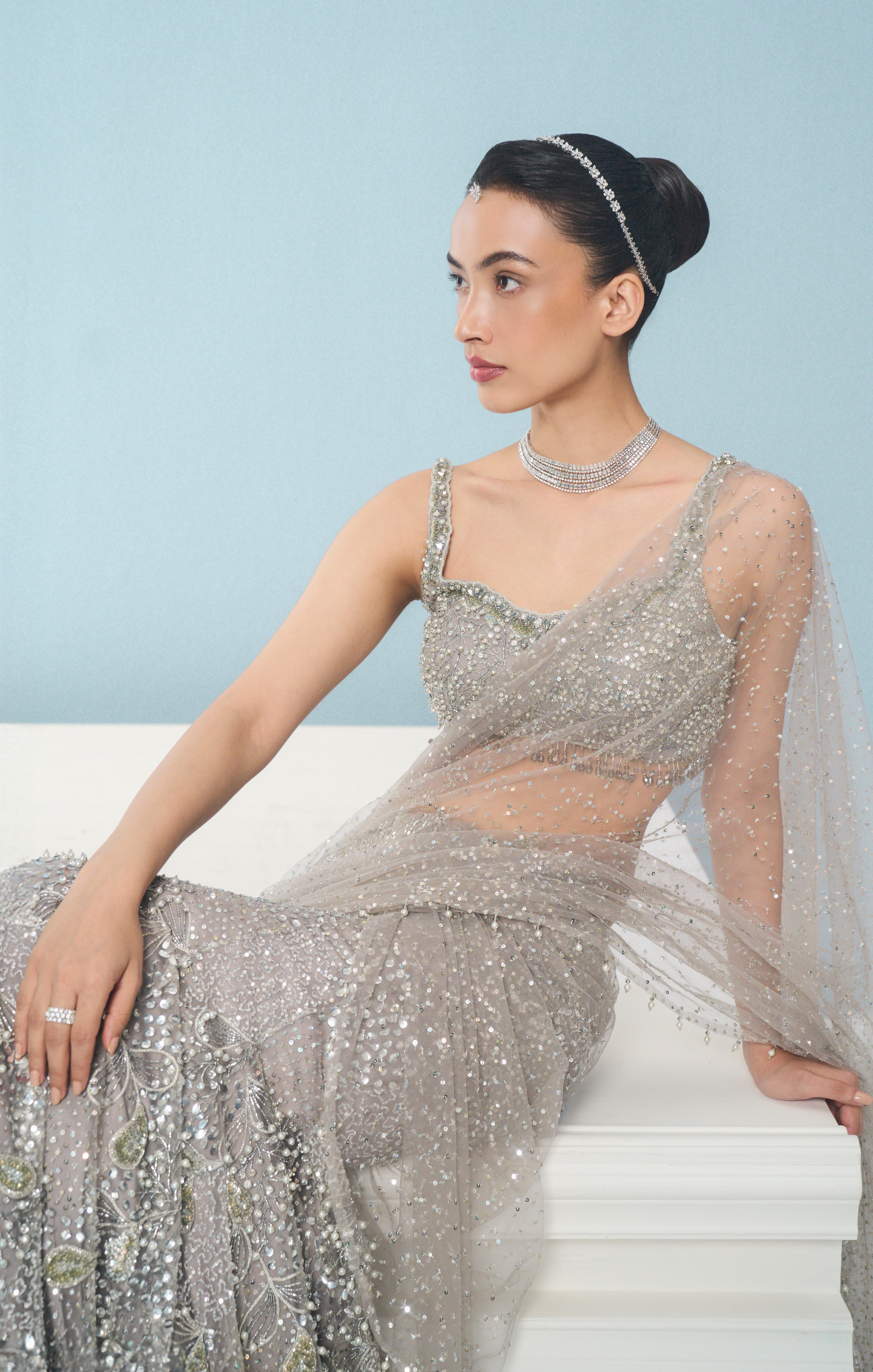 Silver Grey Tulle Drape Lehenga Set