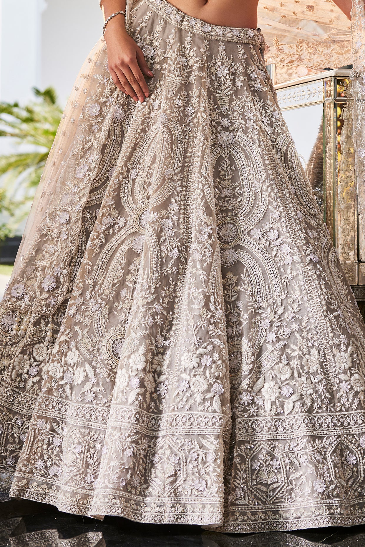 Grey Organza Hand Embroidered Lehenga Set