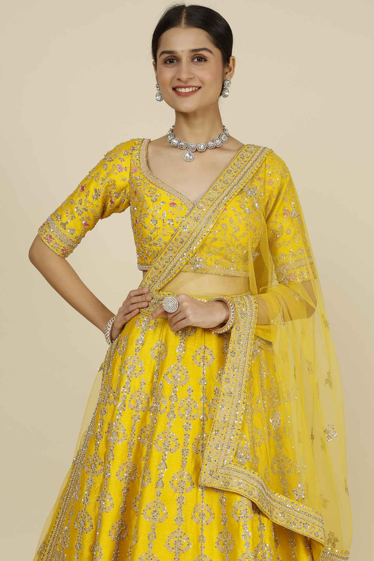 Yellow Silk Embellished Bhavna Lehenga Set