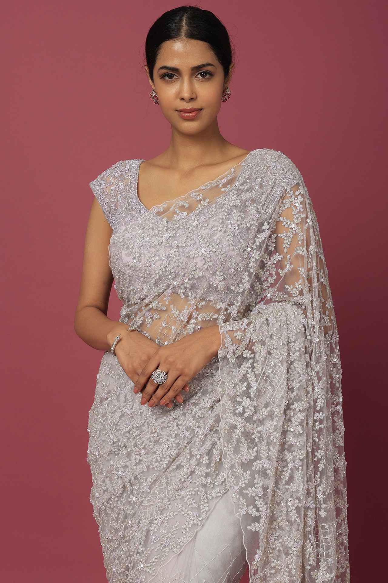 Mauve Organza Sequins Embellished Saree Set