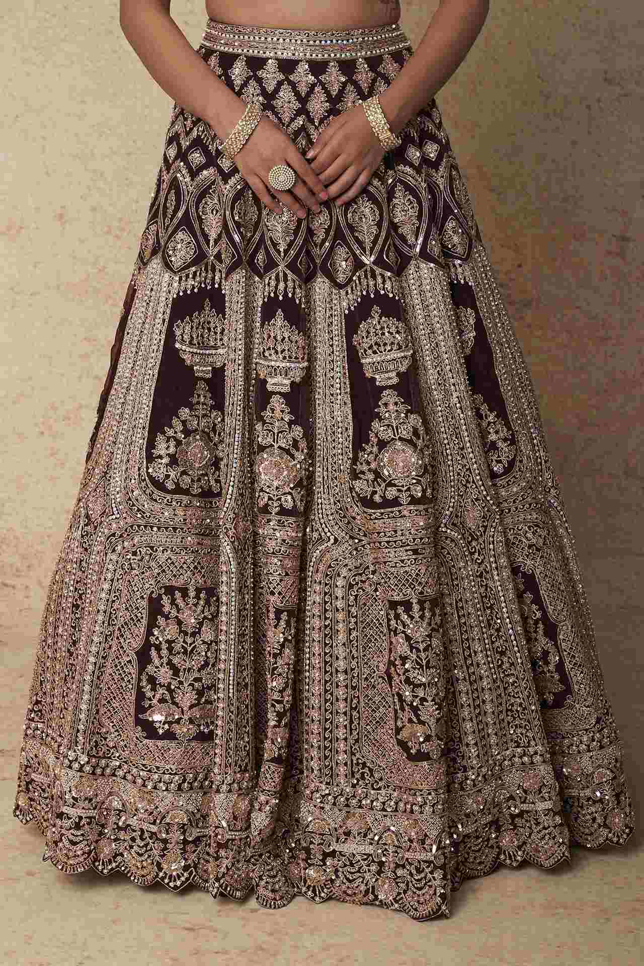 Wine Organza Zardosi Embroidered Lehenga Set