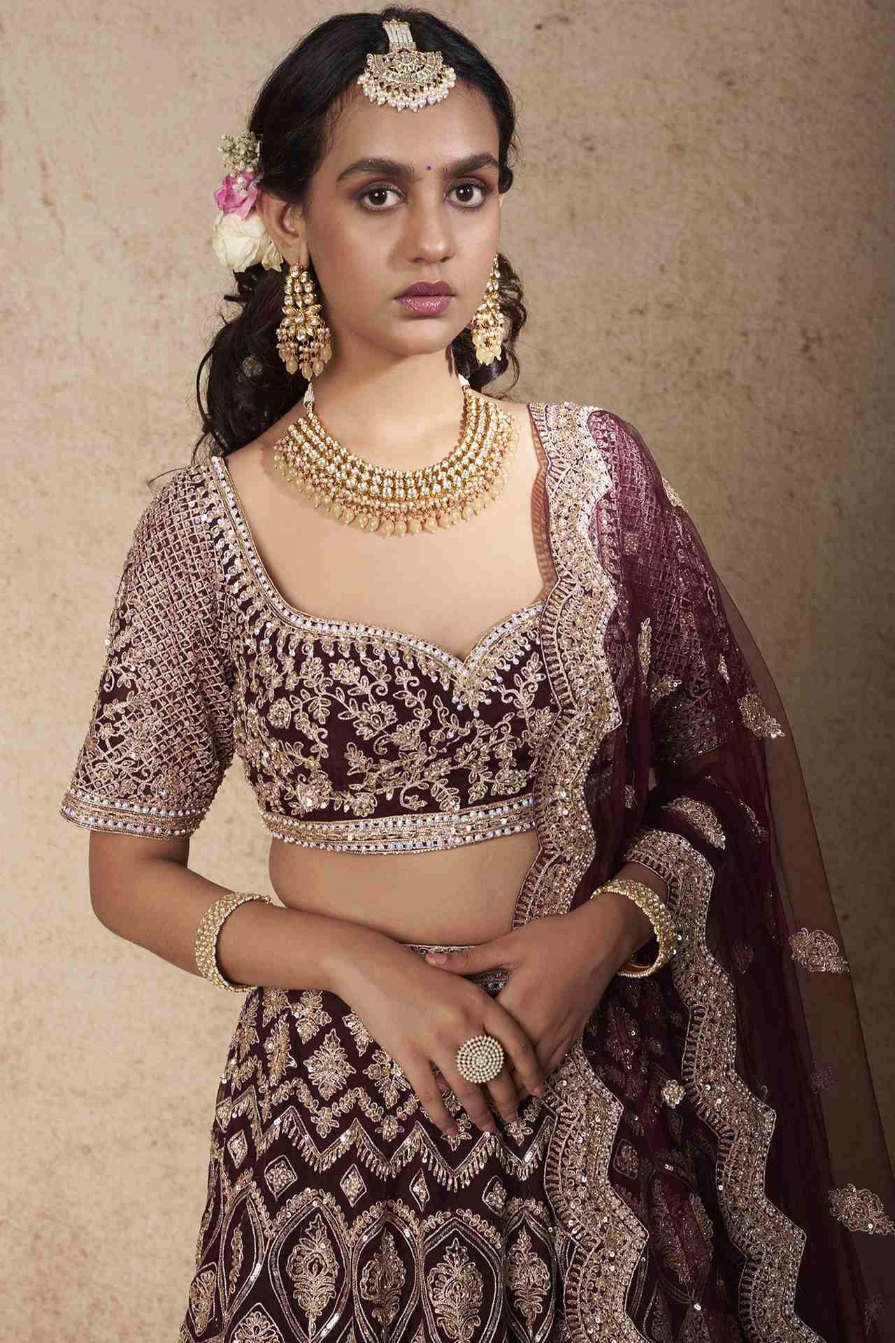 Wine Organza Zardosi Embroidered Lehenga Set