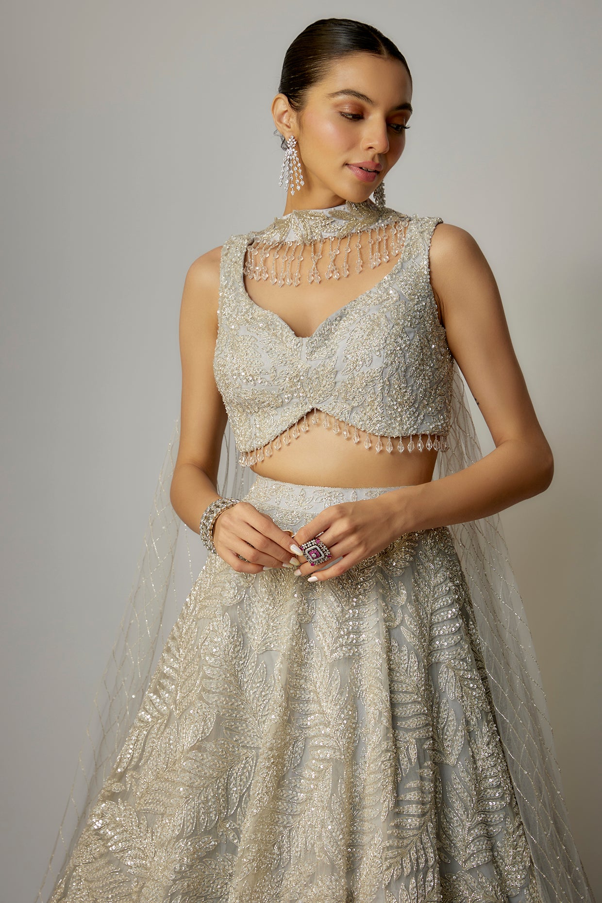 Grey Net Sequins Embellished Lehenga Set