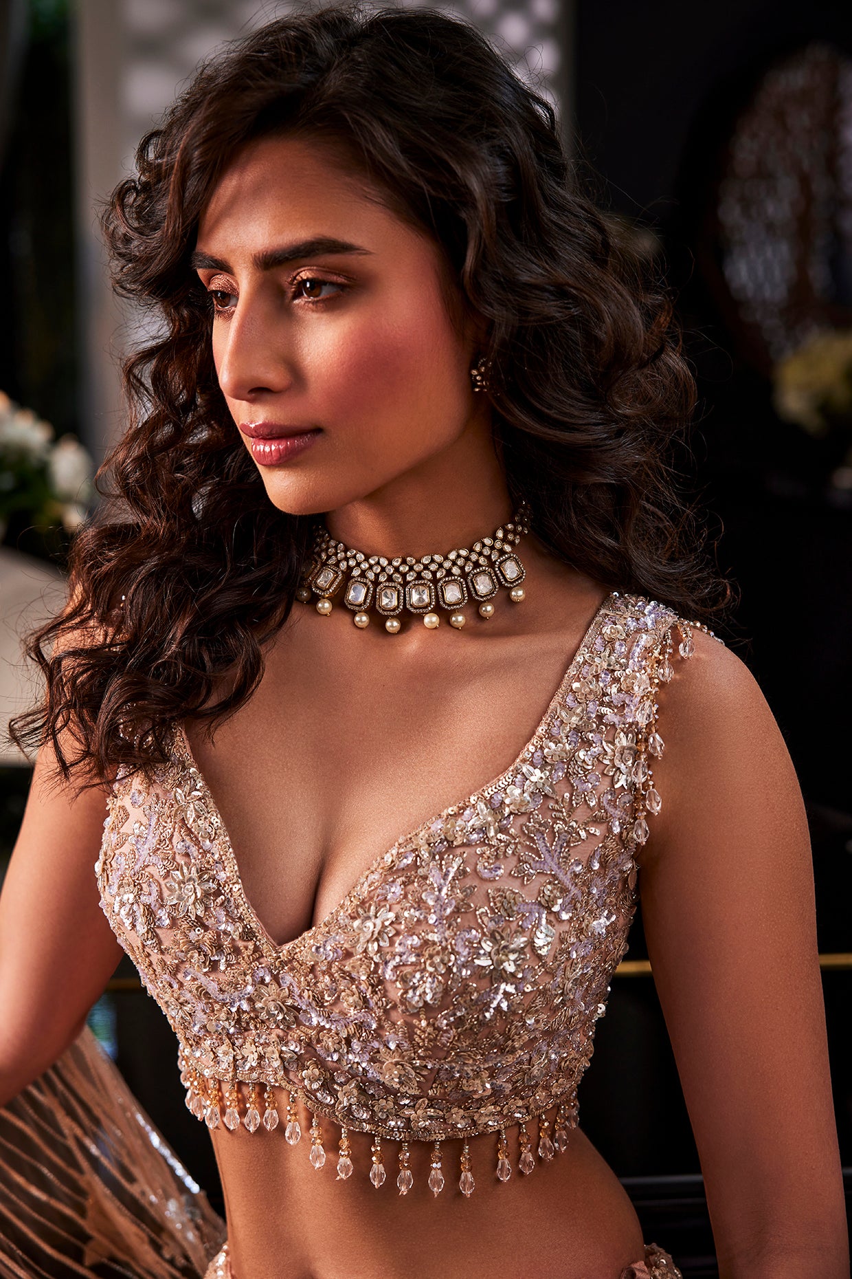 Dusty Peach Organza Hand Embroidered Lehenga Set