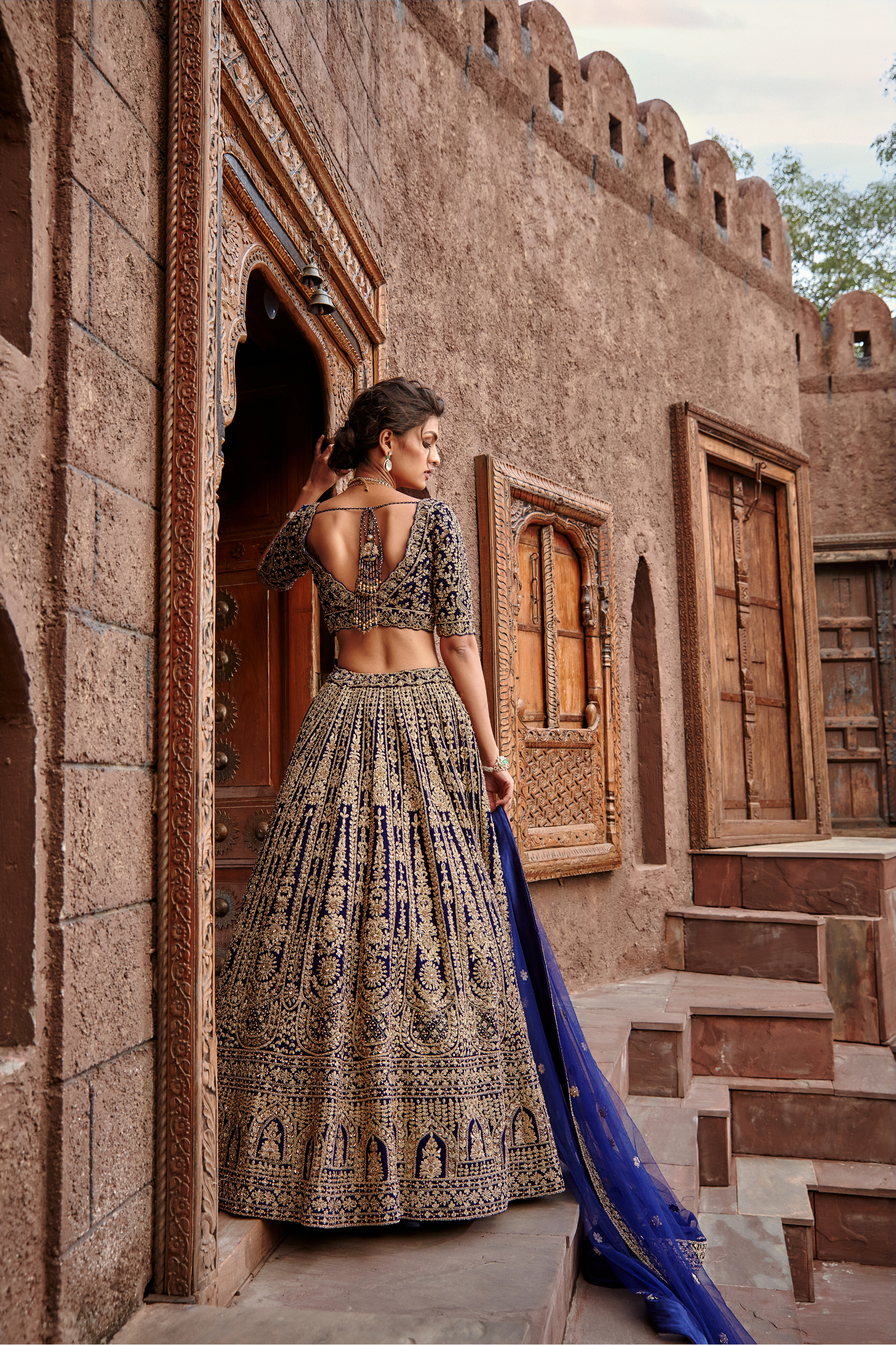 Navy Velvet Lehenga Set With Dori Work