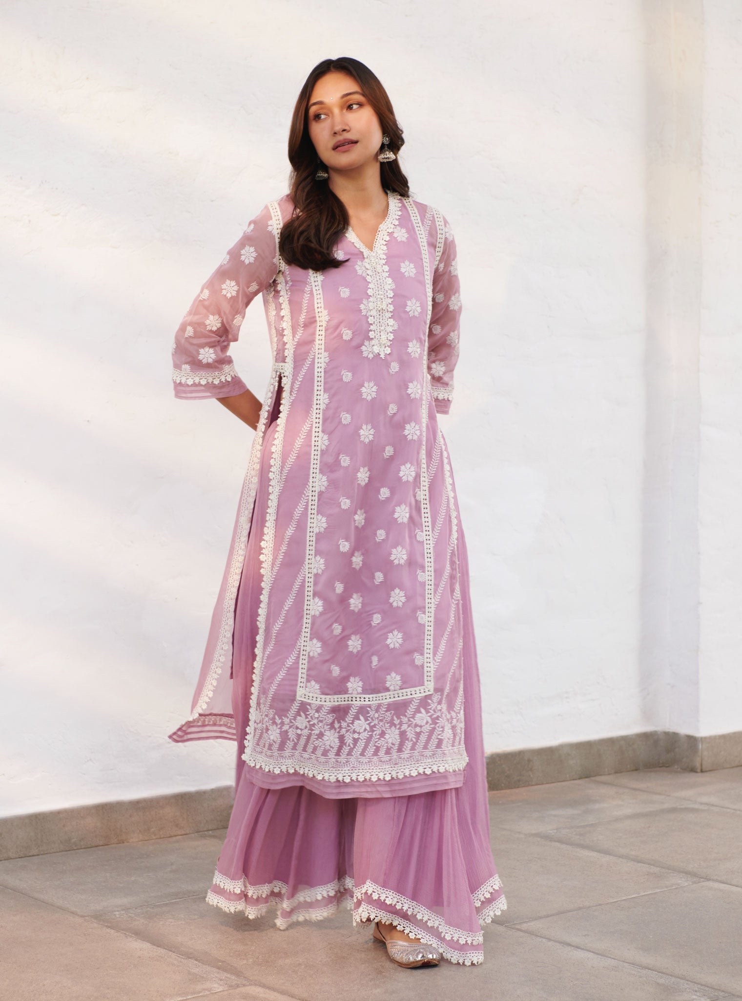 Mulmul Organza Armagh Lilac Kurta With Chiffon Armagh Lilac Sharara