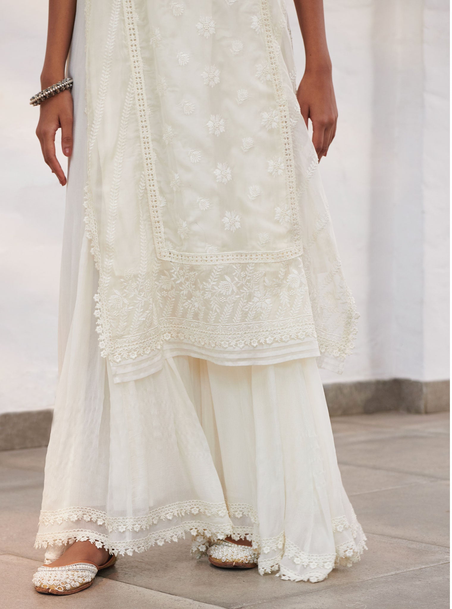 Mulmul Organza Armagh Off White Kurta With Chiffon Armagh Off White Sharara