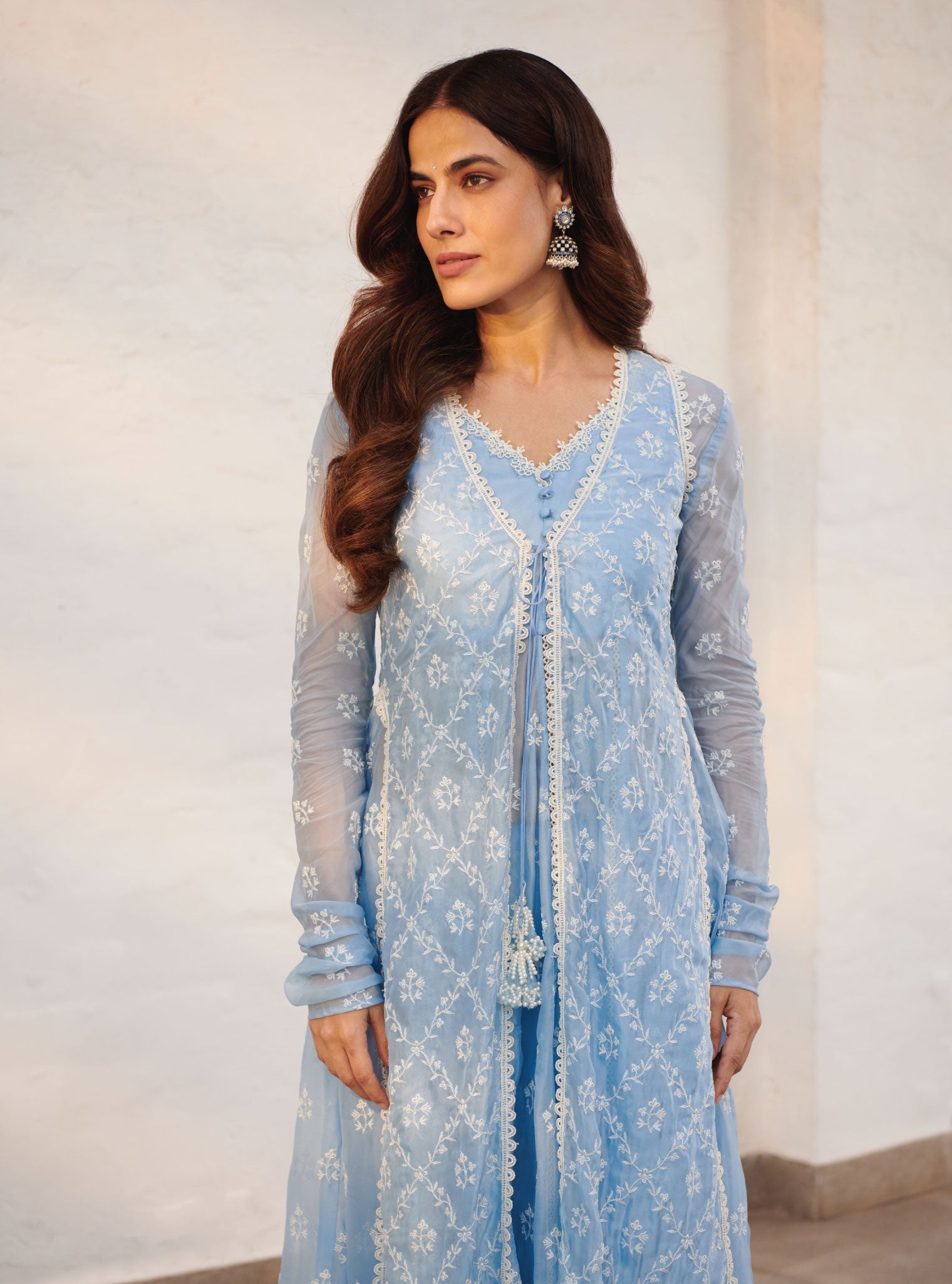 Mulmul Organza Essex Blue Anarkali Kurta With Organza Jacket With Cotton Essex Blue Pant