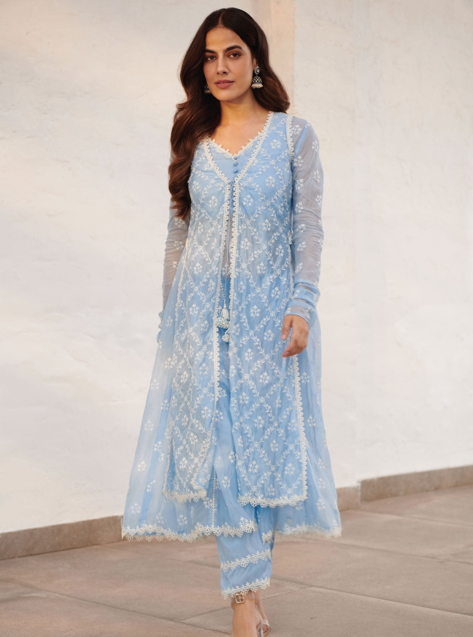 Mulmul Organza Essex Blue Anarkali Kurta With Organza Jacket With Cotton Essex Blue Pant