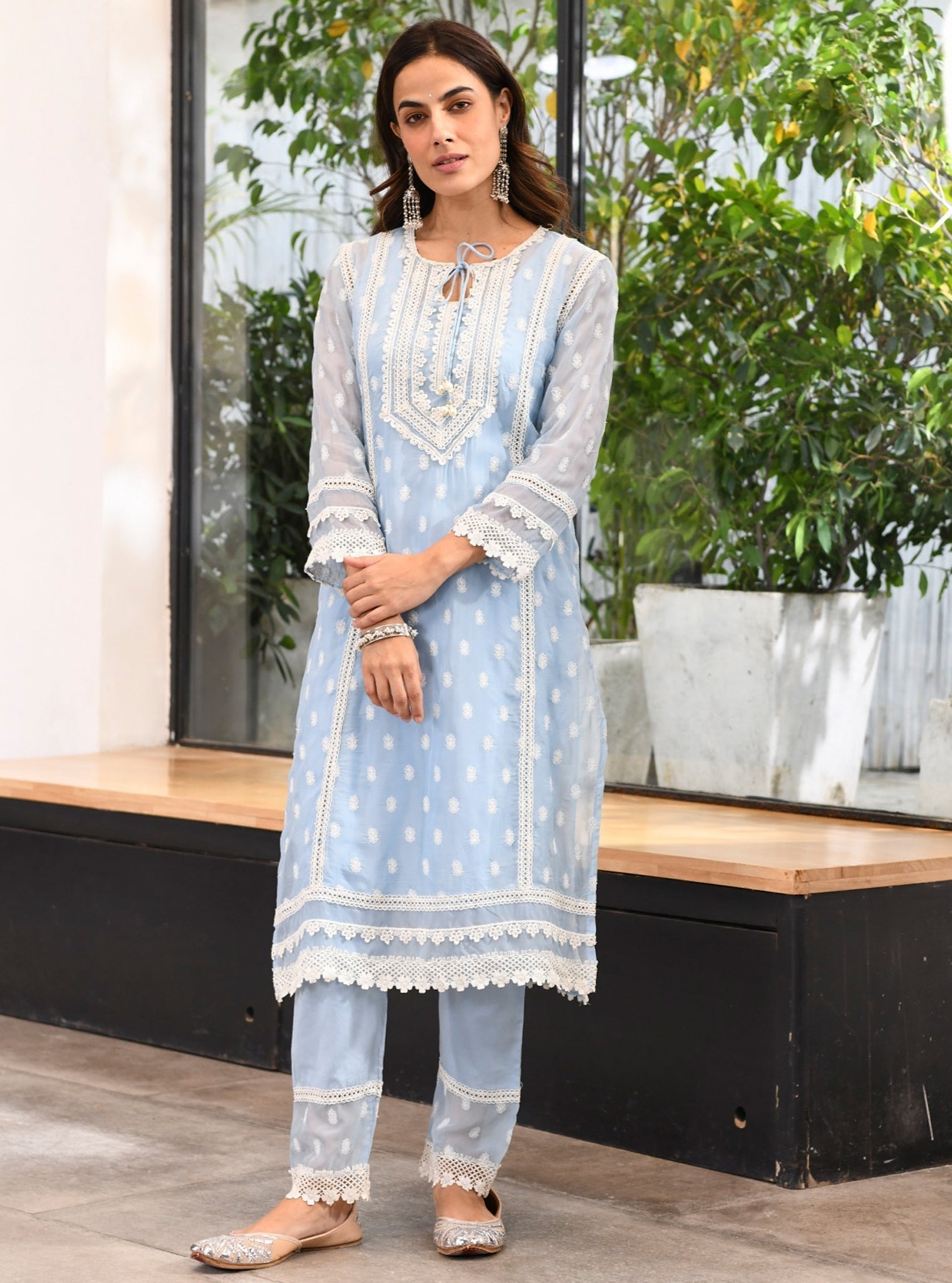 Mulmul Organza Jankia Blue Kurta With Mulmul Cotton Jankia Blue Pant